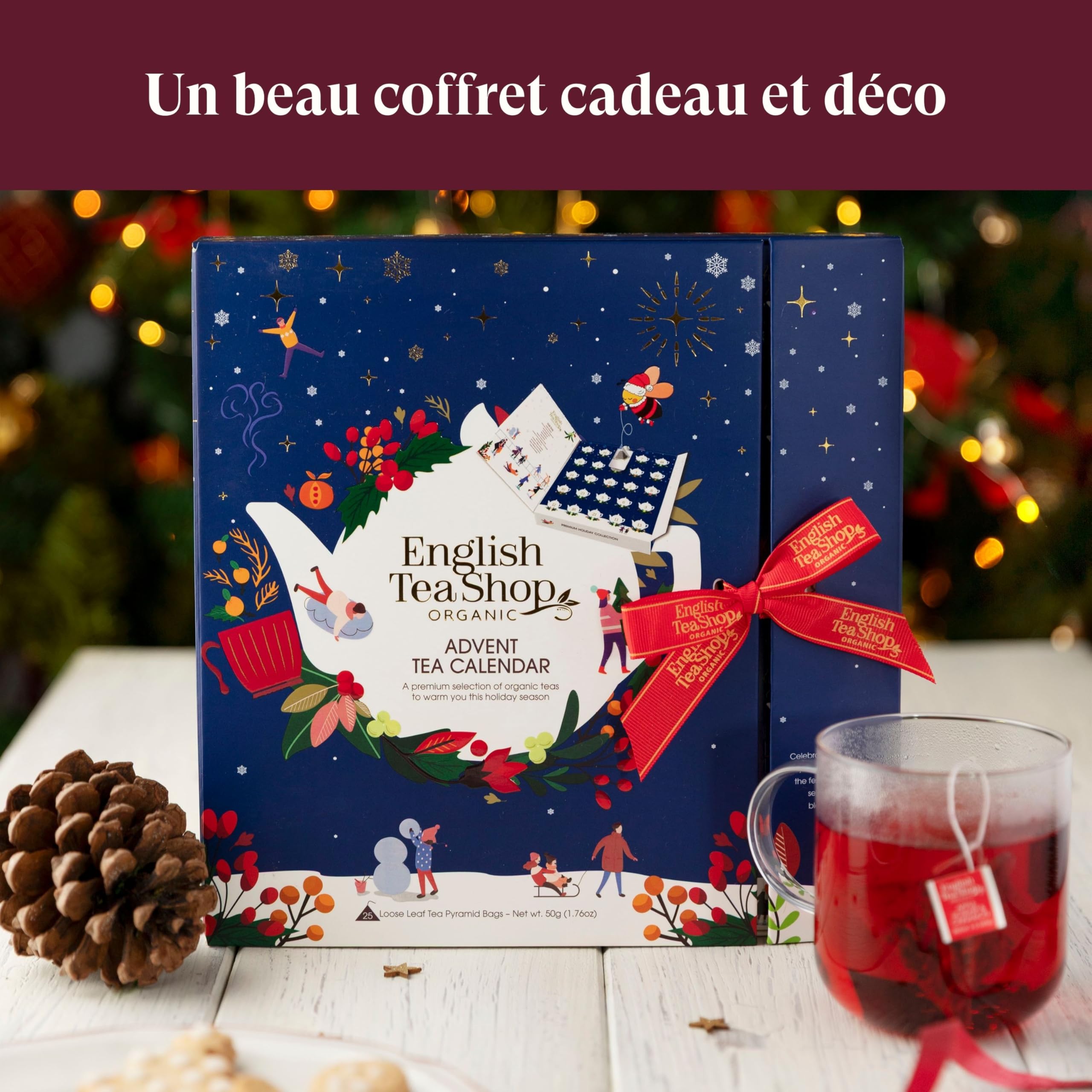 English Tea Shop - Calendrier de l'Avent thé et infusions biologiques - 25 sachets pyramides à découvrir dans chaque case - Livre bleu