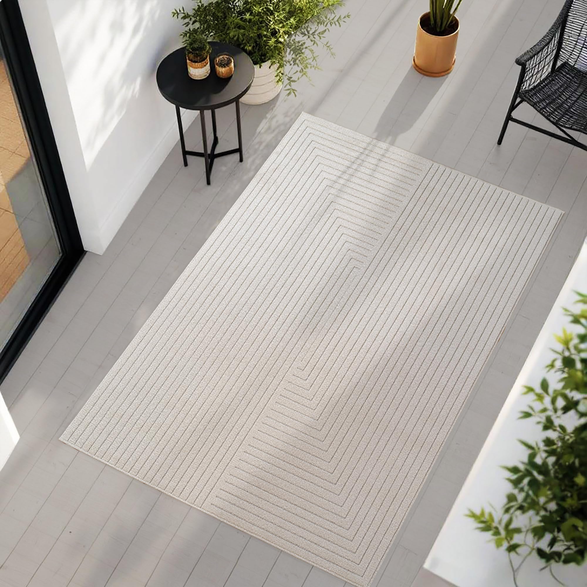 Teppium Tappeto per Soggiorno, Camera da Letto, Veranda - Pelo Corto Avorio, Effetto Alto-Basso, Morbido e Lavabile, Adatto per Esterni, Facile da Pulire, 160x230 cm