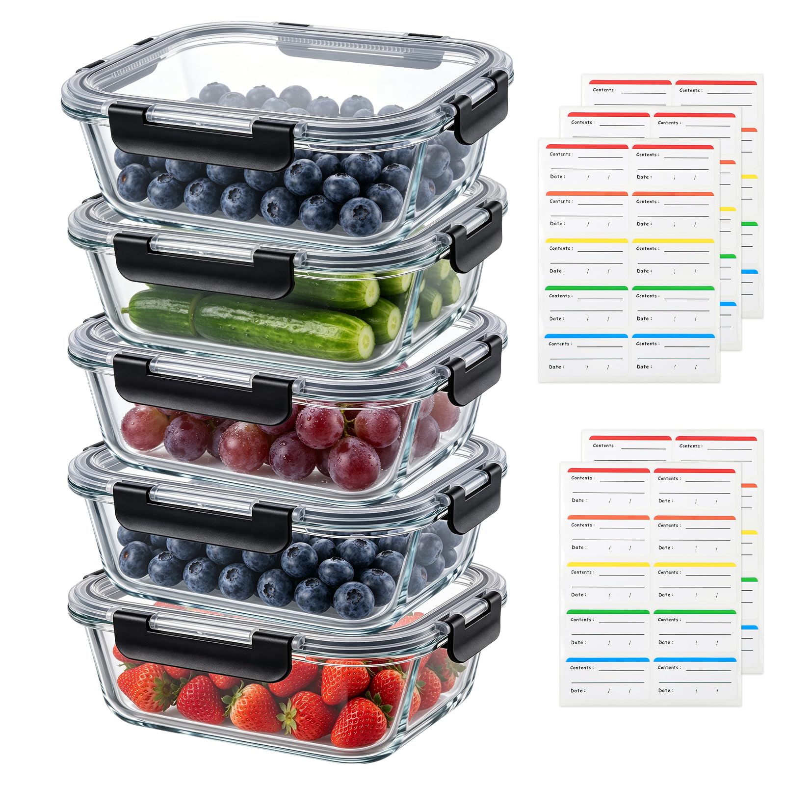Contenitori per alimenti in vetro borosilicato con coperchi, confezione da 5 contenitori per la preparazione dei pasti da 1040 ml, adatti per forno e congelatore, ermetici, a prova di perdite
