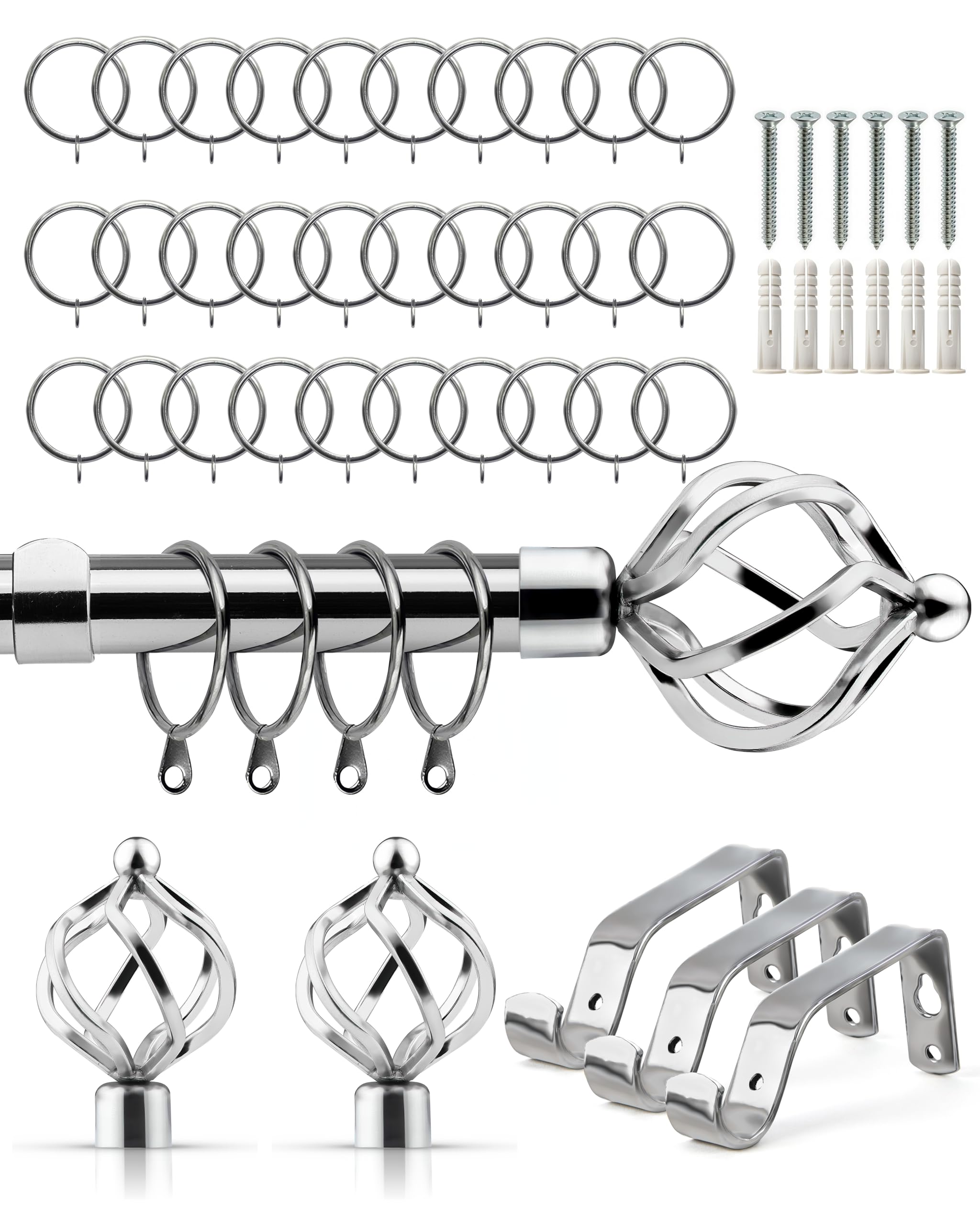 Emma Barclay Extendable Curtain Pole With Finials Rings Brackets & Fittings Sets 16-19mm in Chrome Metal Curtain Poles For Eyelet Curtains Rod - Bird Cage Collection 1.6m - 3m Chrome