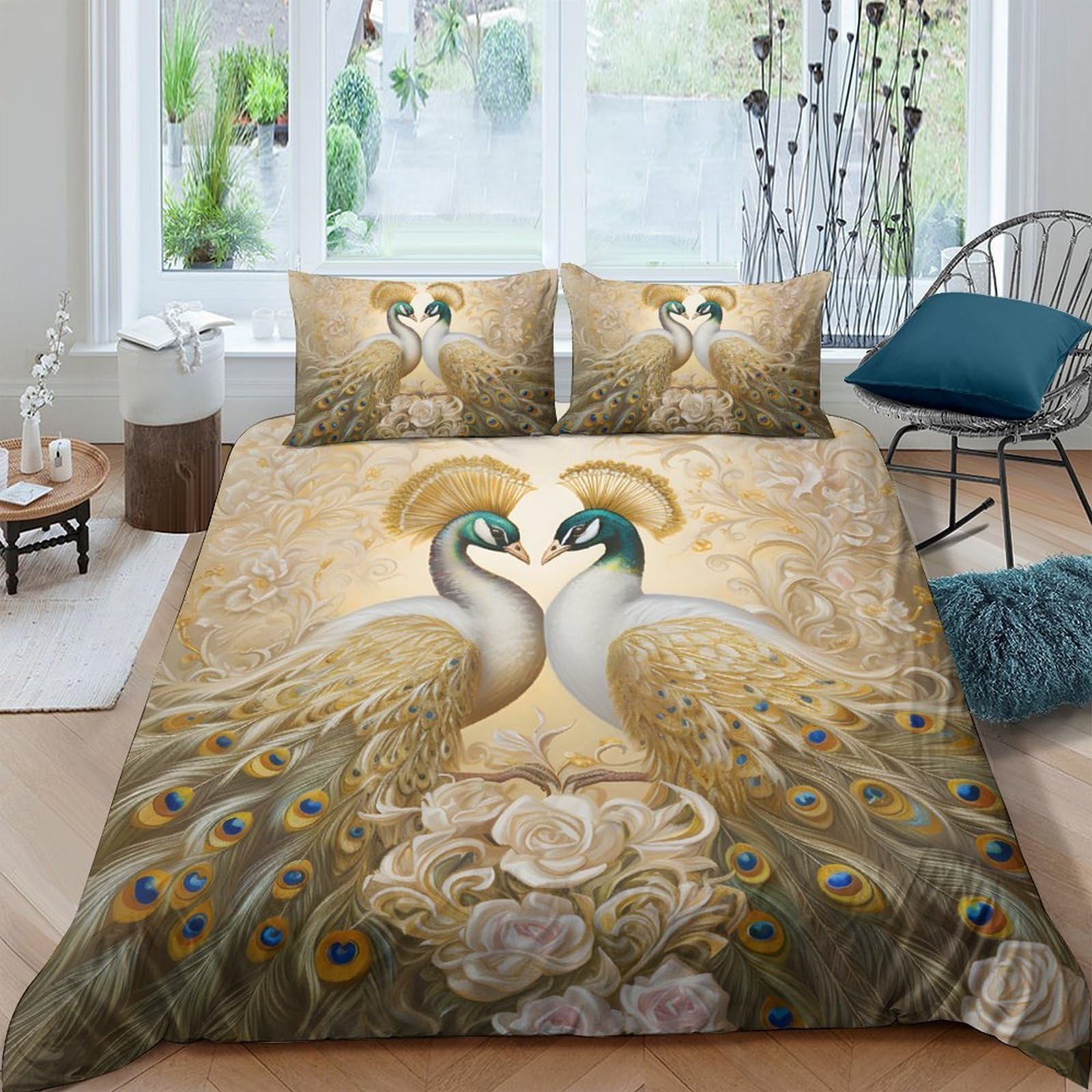 Ctjqhvkz Style-7 3D Printed Golden Peacock Fitted Sheet Microfiber Decorative Elegant Floral Bed Cover For Bedroom Guest Room Mattress Protection Single（135X200cm）