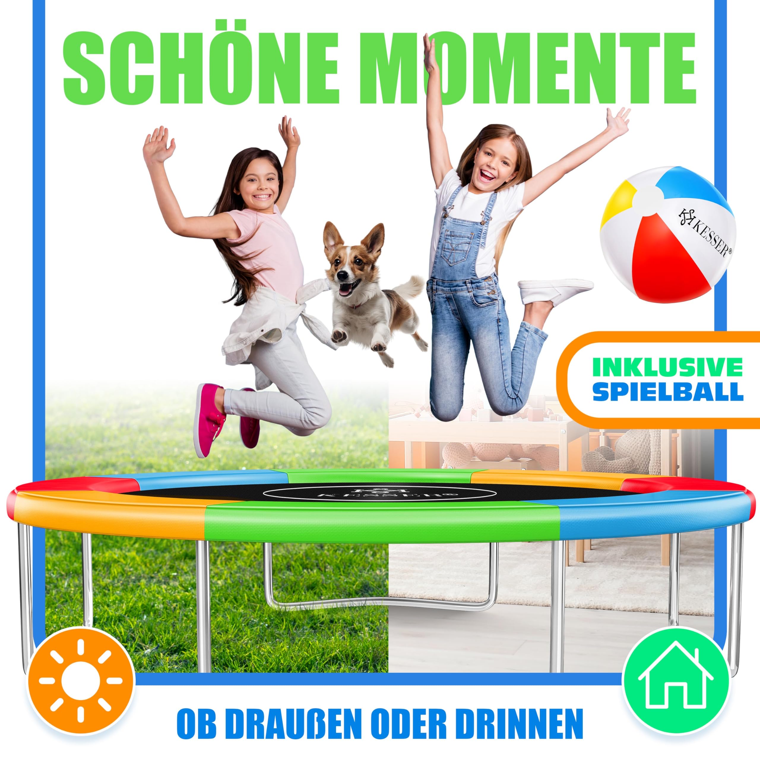 KESSER Housse de protection pour trampoline Ø 366 cm, largeur 30 cm, 100 % résistant aux UV, anti-déchirure, avec ballon de plage multicolore