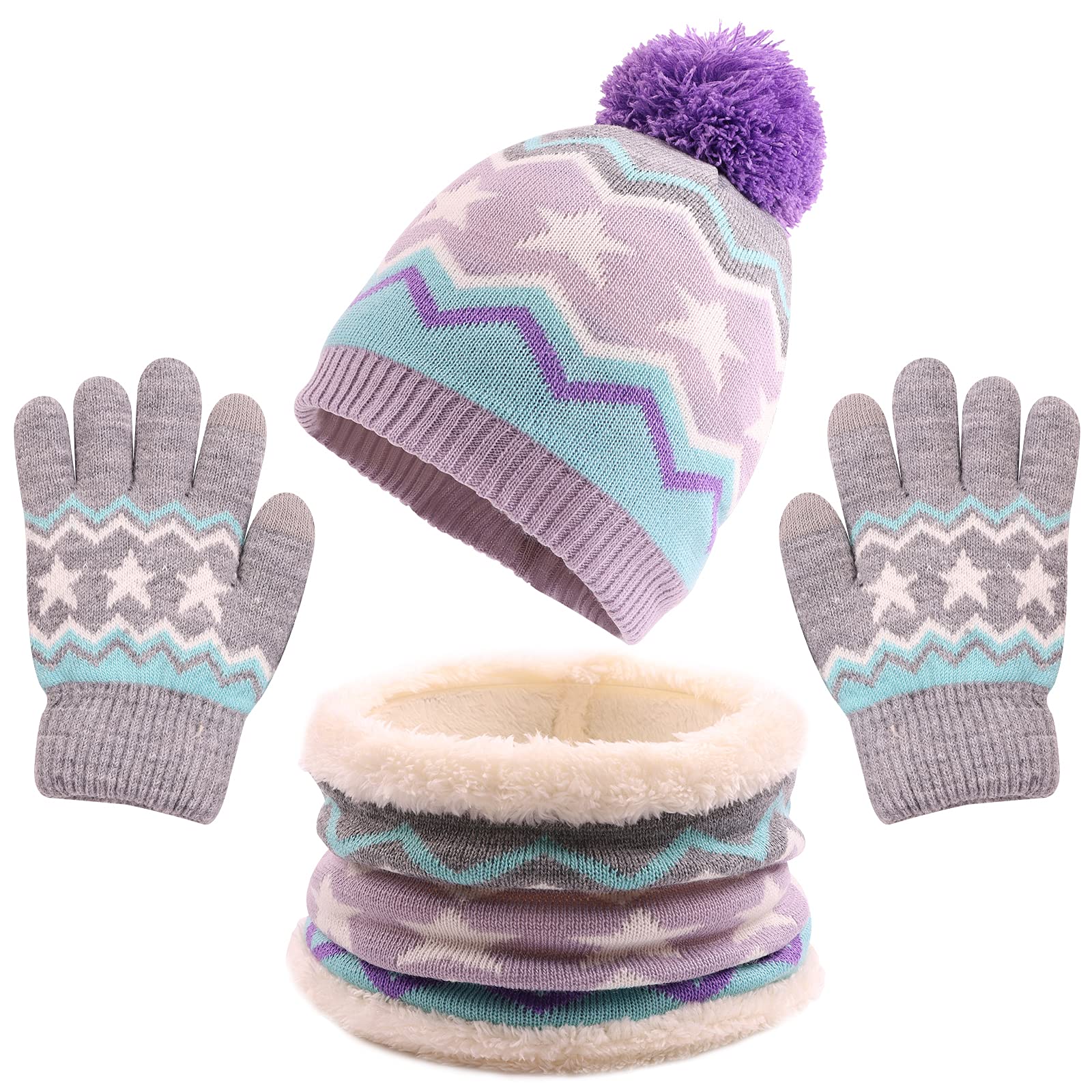 PESAAT Winter Kids Hat Scarf Glove Set Knit Girls Beanie Mittens 3-8 Years