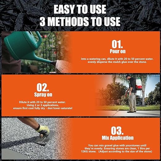 Mulch glue can also be used as a binder for mulch, effectively locking it in place and reducing the need for frequent reapplication. This product is also commonly used as a pea gravel stabilizer, providing a stable surface for walking or driving on gravel pathways. Overall, mulch glue is a versatile and effective solution for keeping landscaping materials in place and creating a neat and tidy outdoor space. Description by ChatGPT.