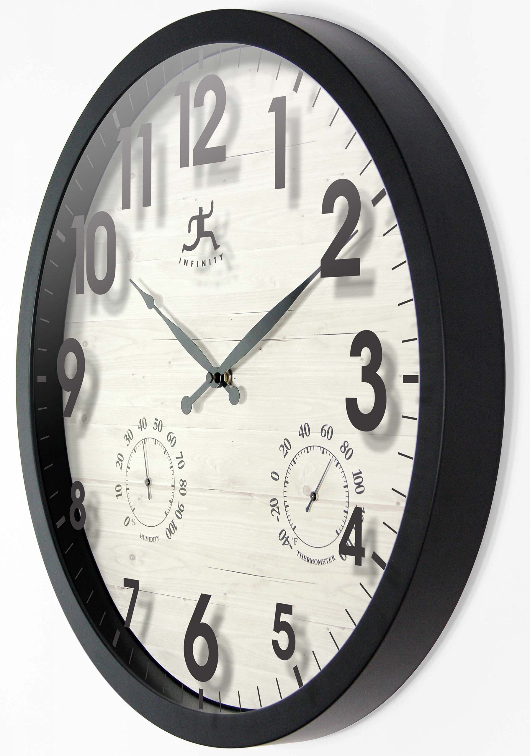 Concordia - Orologio da parete impermeabile per interni ed esterni, con igrometro e termometro integrati, quadrante in legno chiaro con cornice nera, funzionamento silenzioso a batteria, orologio