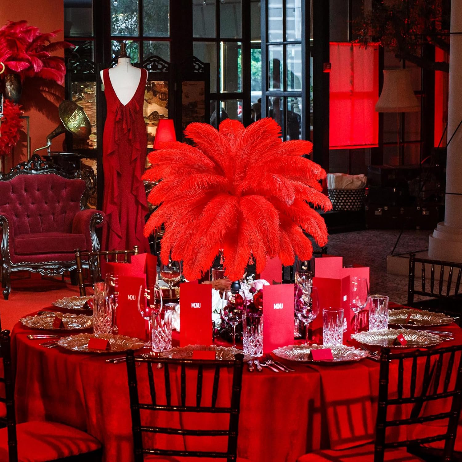 TaoBary White 60 Pcs Red Natural Ostrich Feathers Plumes for Valentine's Day Wedding Birthday Party Red Centerpieces 12-14, 10-12, 8-10 Inches Vase Feathers Flower Arrangement Decors DIY Crafts