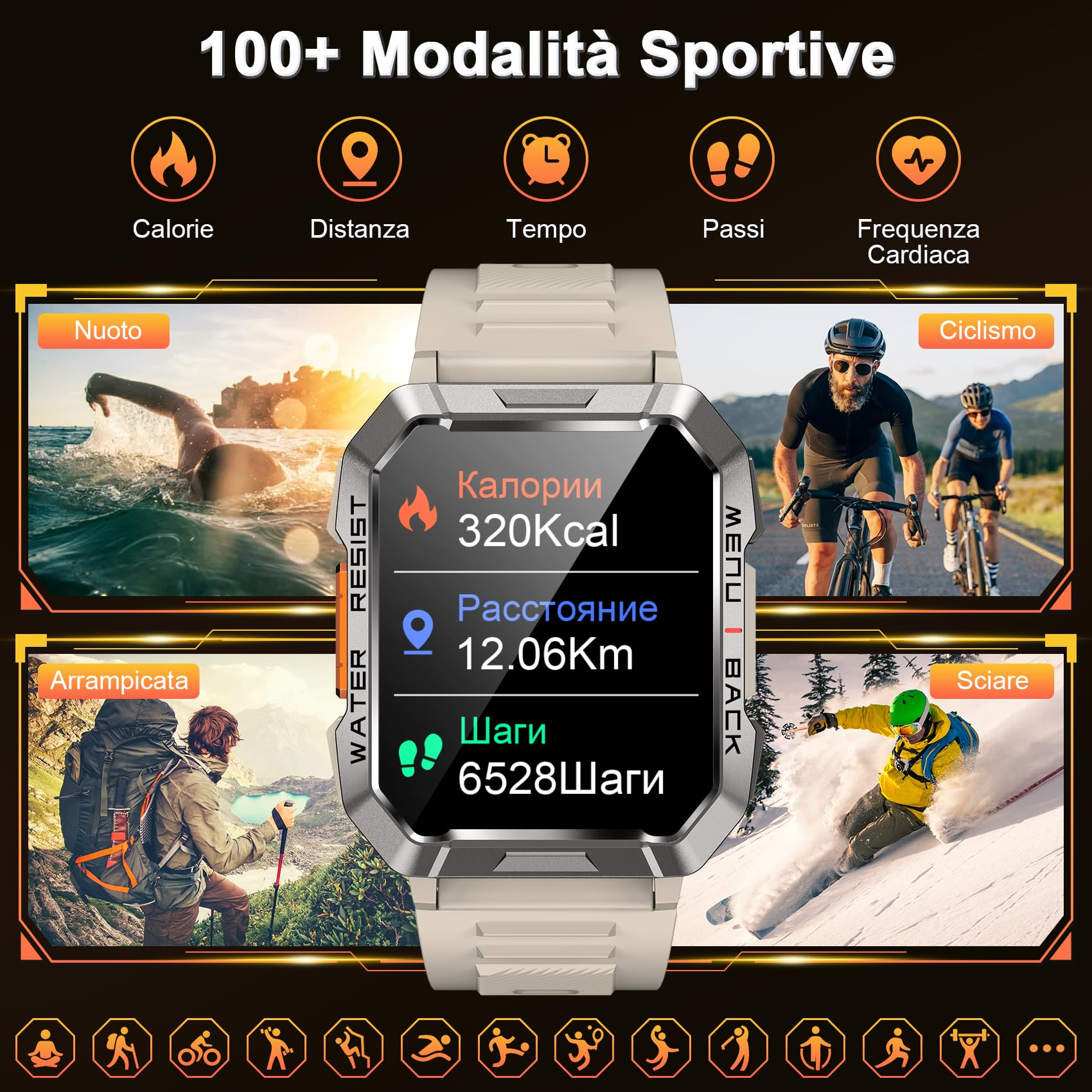 Militare SmartWatch Uomo(Rispondi/Effettua Chiamate), Fitness Tracker con Torcia/Bussola/900mAh Batteria /24H Cardiofrequenzimetro/Sonno/ SpO2/100+ Modalità Sport per Android IOS (2 Cinturini)