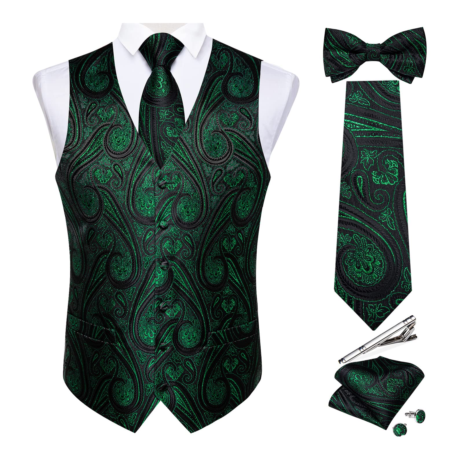 DiBanGu Herren-Set aus Seide, Paisleymuster, Weste und Krawatte, vorgebundene Fliege, formelle Weste für Hochzeit, Party, 6 Stück