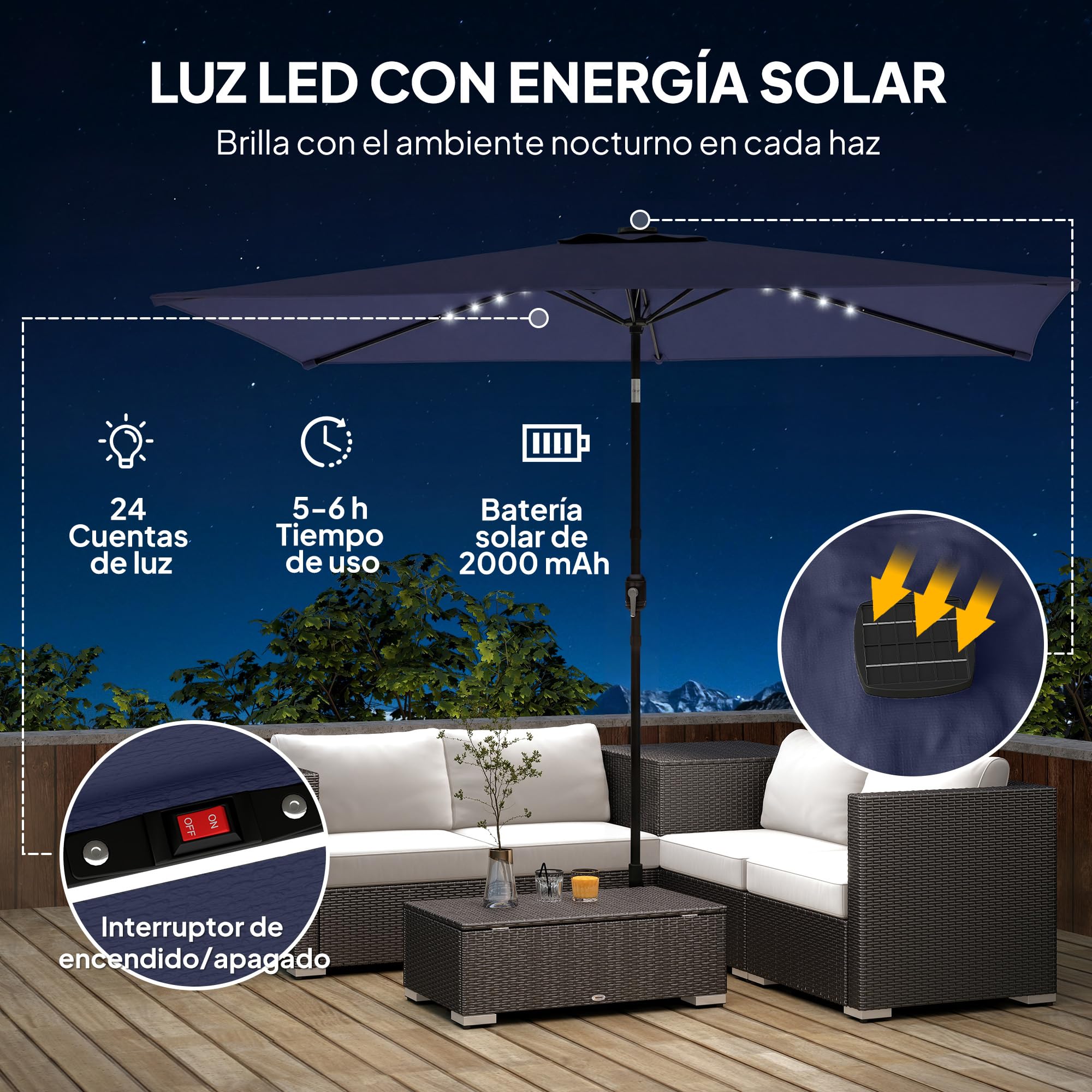 Outsunny Sombrilla Terraza Exterior 2,9x2,5 m con 24 Luces LED | Sombrilla de Jardín, Solares, Dosel Inclinable, Poste Metálico, Parasol para Patio, Terraza