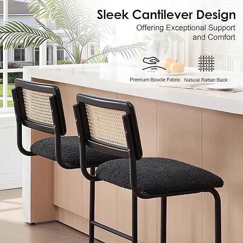 Miniatura 4 de ONEVOG Taburetes de mostrador con respaldo de ratán natural, taburetes de bar de 26 pulgadas, juego de 2, asientos de encimera de cocina de isla,