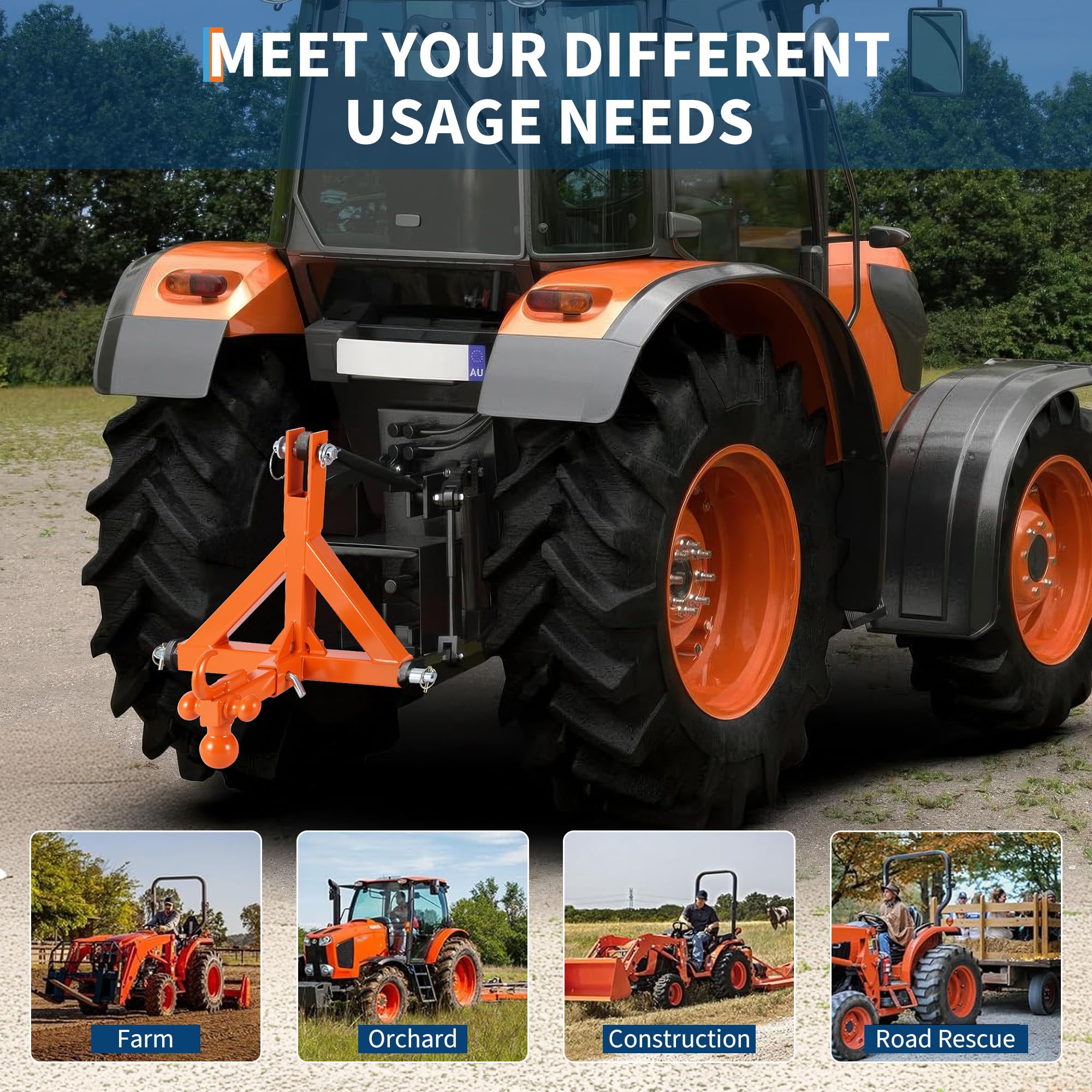 Robustesse et installation rapide – Attelage 3 points renforcé pour tracteur catégorie 1 & 2 – Adaptateur barre de remorquage avec récepteur 5,08 cm et crochet de traction – Capacité 4535 kg,
