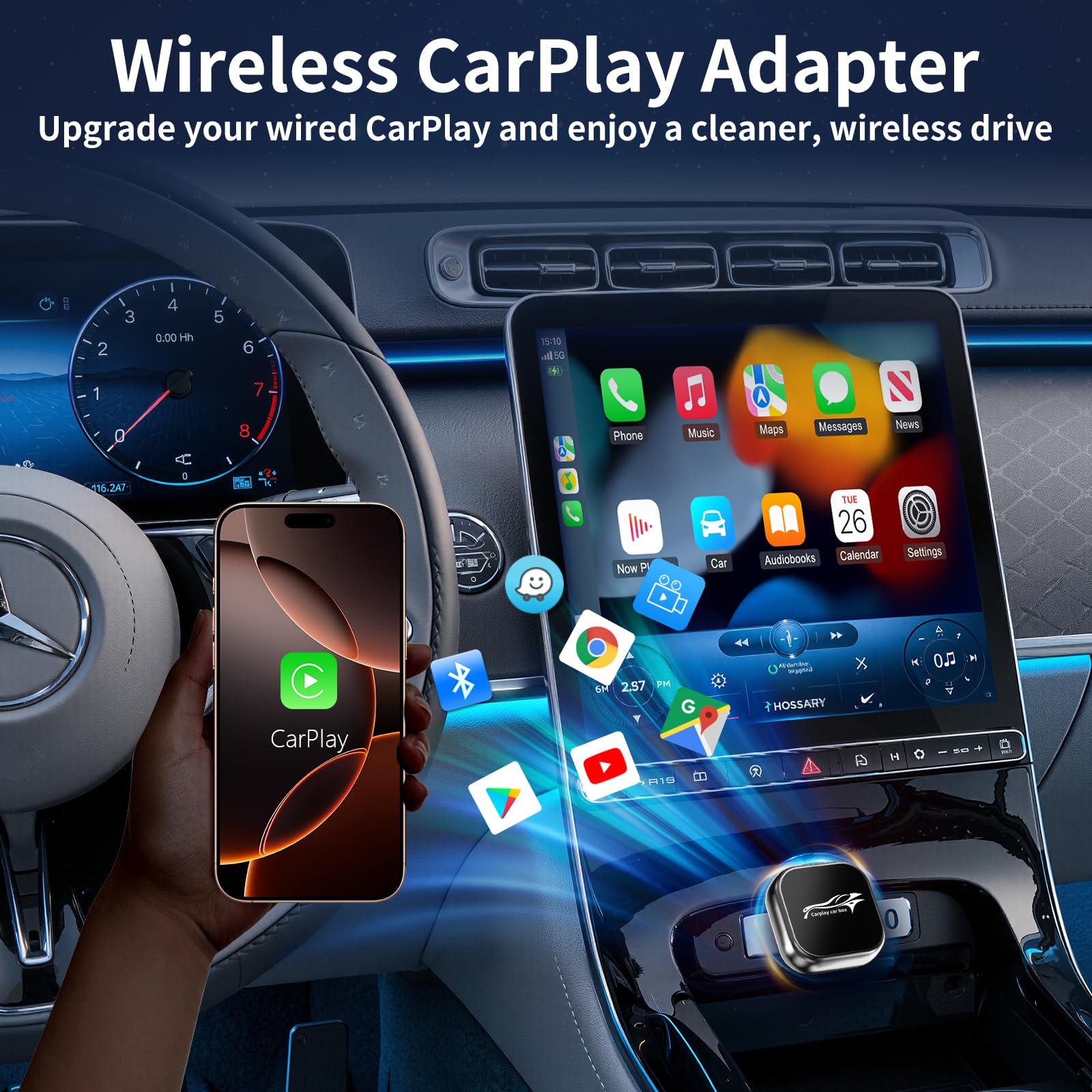 Mini Adaptateur CarPlay sans Fil, 2 en 1 pour Android Auto sans Fil, Plug and Play, Type-C/USB Compatible avec iOS 10+/Android 11+et Autos à partir de 2017, Connexion Rapide Stable