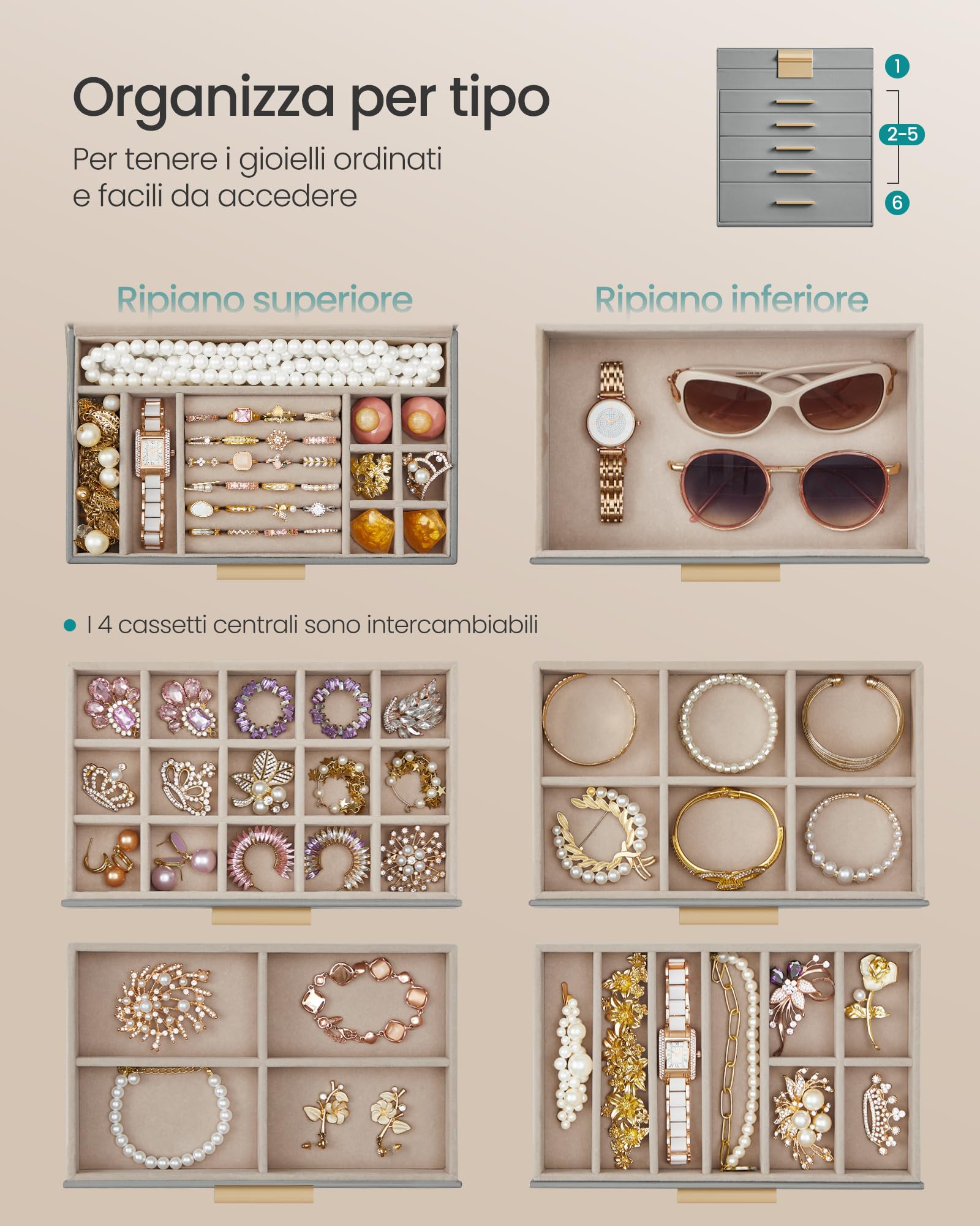 SONGMICS Scatola Portagioie, 6 Livelli, Coperchio in Vetro, 5 Cassetti, Porta Gioielli, Occhiali da Sole e Accessori Grandi, Moderno, Grigio Tortora e Dorato JBC171G01