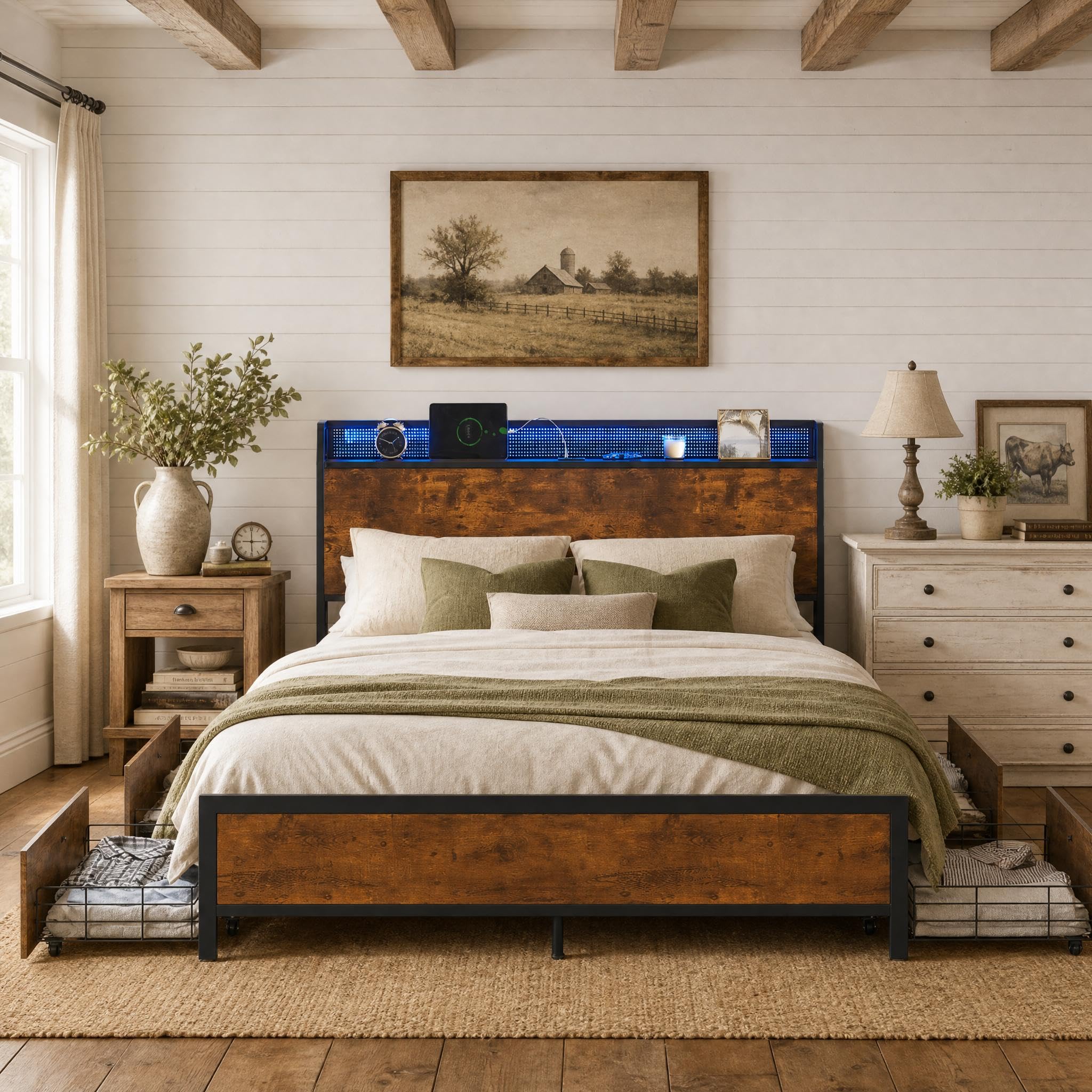Photo 1 of **stock photo for reference only** Garvee Full Bed Frame with Storage Wood Headboard, Metal Platform Bed with 4 Storage Drawers & Shelf, Built in Charging Station & LED Lights, No Box Spring Needed, Vintage Brown