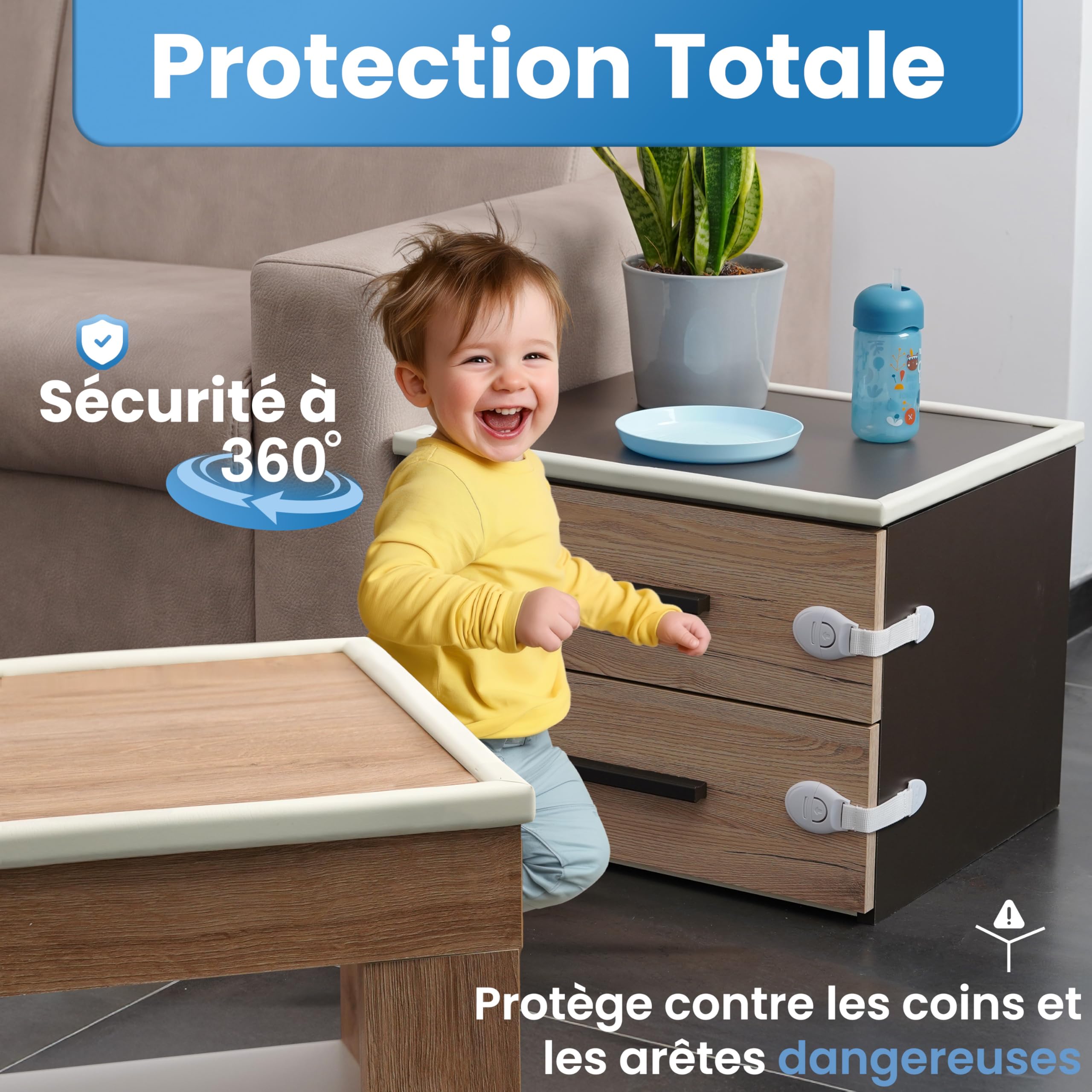 Happy Chlea Coin de Table Protection Bébé – 6,4 m Couverture Totale (Protection Bords et Angles + 8 Protège-Angles), Anti-Choc pour Meubles, 4 Bloque-Tiroirs + 1 Bloque-Porte Sécurité Enfant
