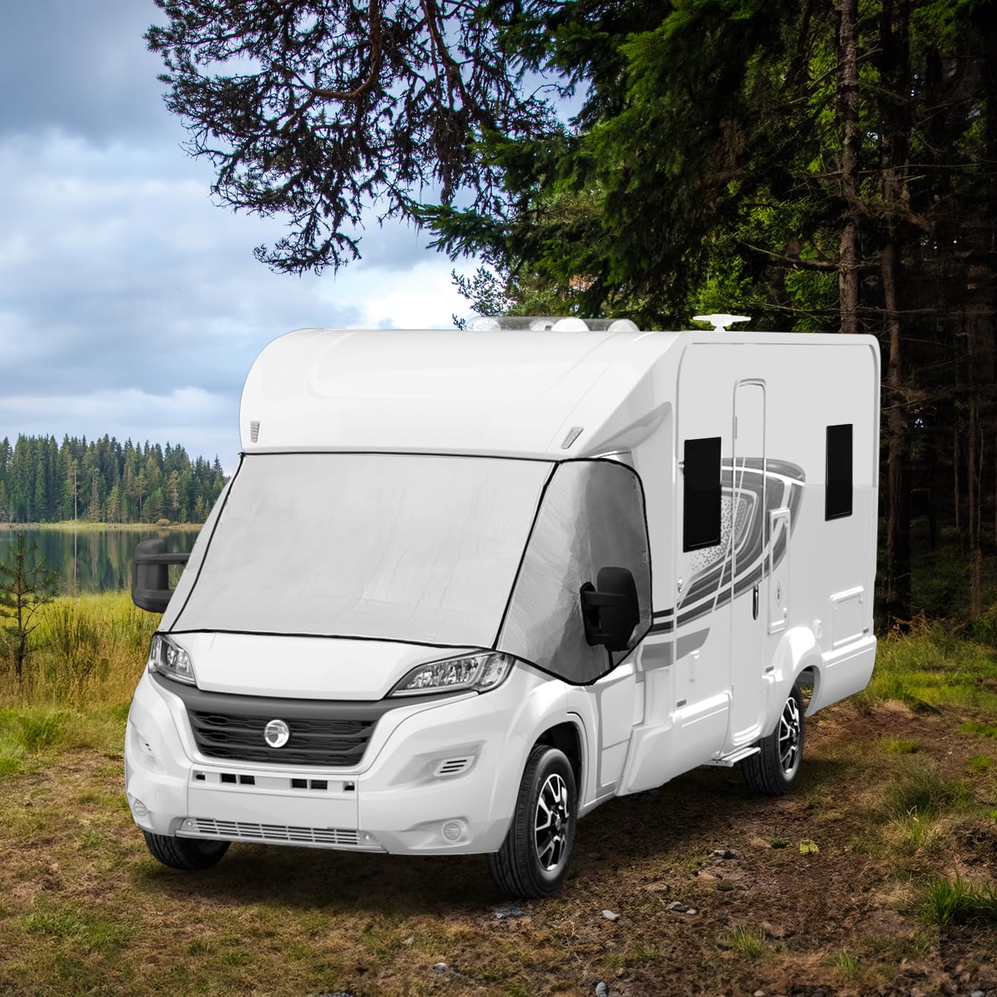 Wohnmobil Frontscheibenabdeckung | Vielseitige Kompatibilität | Silber Außen Thermomatte Sonnenschutz | Allwetter & Wasserdicht Aluminiumfolie [INKL. Tragetasche & 2 Aufbewahrungstaschen]