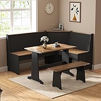 AMERLIFE 3-Piece L-Shaped Breakfast Nook Dining Set with Hidden Storage Bench, Space-Saving Corner Kitchen Table for Small Spaces, Black & Oak