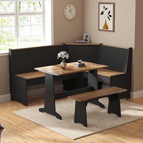 AMERLIFE 3-Piece Breakfast Nook Dining Set, L-Shaped Corner Bench with Hidden Storage, Space-Saving Kitchen Table Set for Small Spaces, Black & Oak