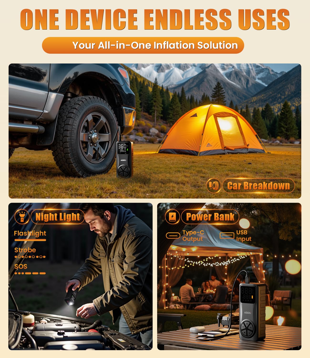 Tire Inflator Portable Air Compressor 150PSI Rechargeable Air Pump with Digital Pressure Gauge LED Light and Auto Shut-Off — view 7