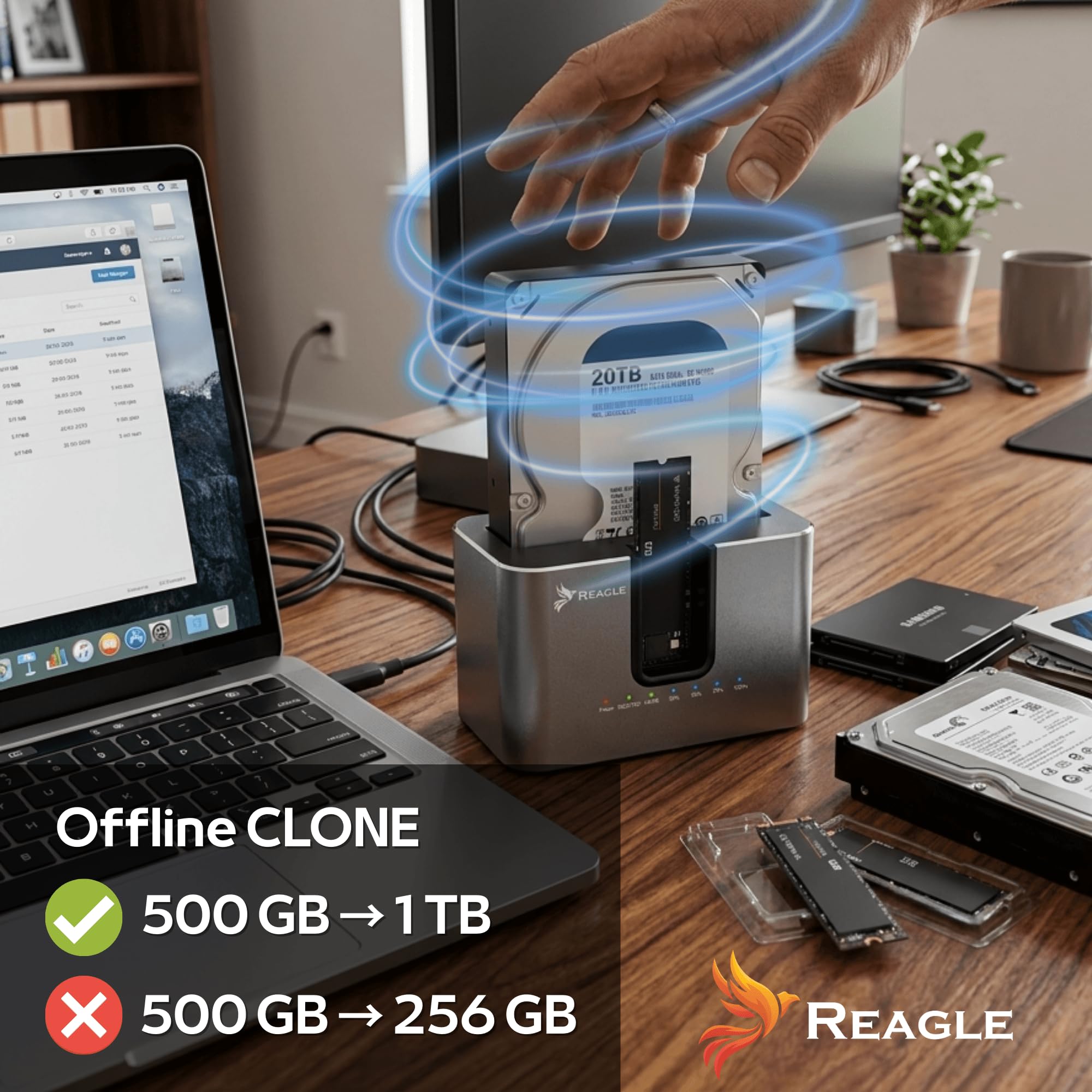 Reagle Stacja Dokująca Dysku SSD HDD SATA 2.5 3.5 NVMe M.2 USB C, USB 3.2 Gen2 10 Gb/s, 28TB, Adapter Klonowanie Offline Dual Szybki Transfer Kompatybilna z PC Laptop Mac Linux