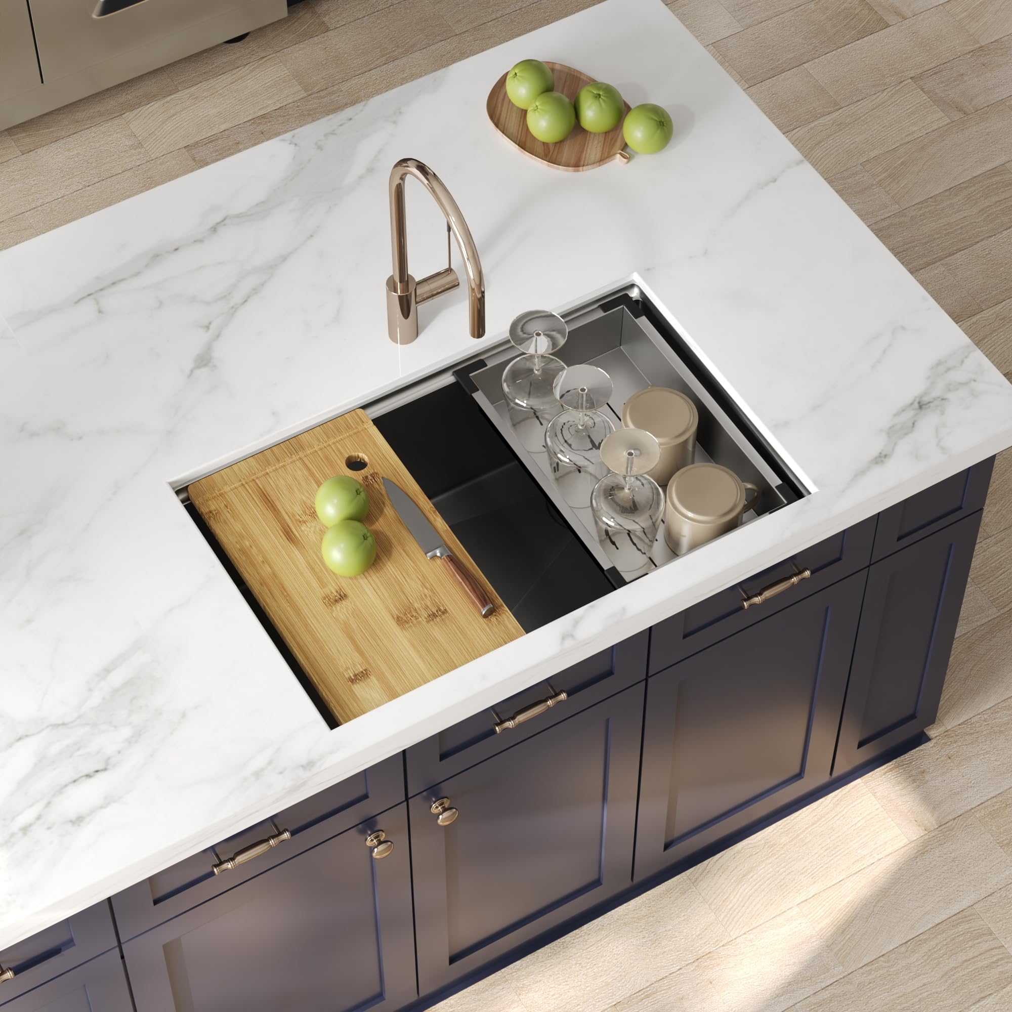 DeerValley Évier de Cuisine en Acier Inoxydable 76 x 48 cm, Evier Multifonction 1 Bac avec Mobile et planche à découper, Panier D'égouttement et Accessoires
