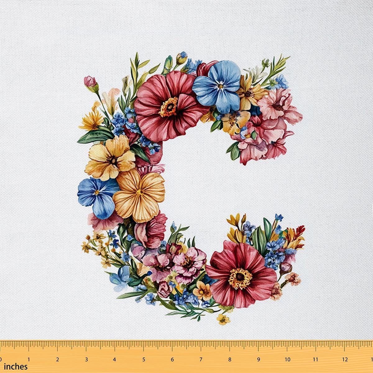 Loussiesd Flanne florale Tissu 276x150cm douce lettre initiale C Tissus au Metre pour coussin de chaise de canapé Décor imprimé botanique pour projets d'artisanat de couture bricolage