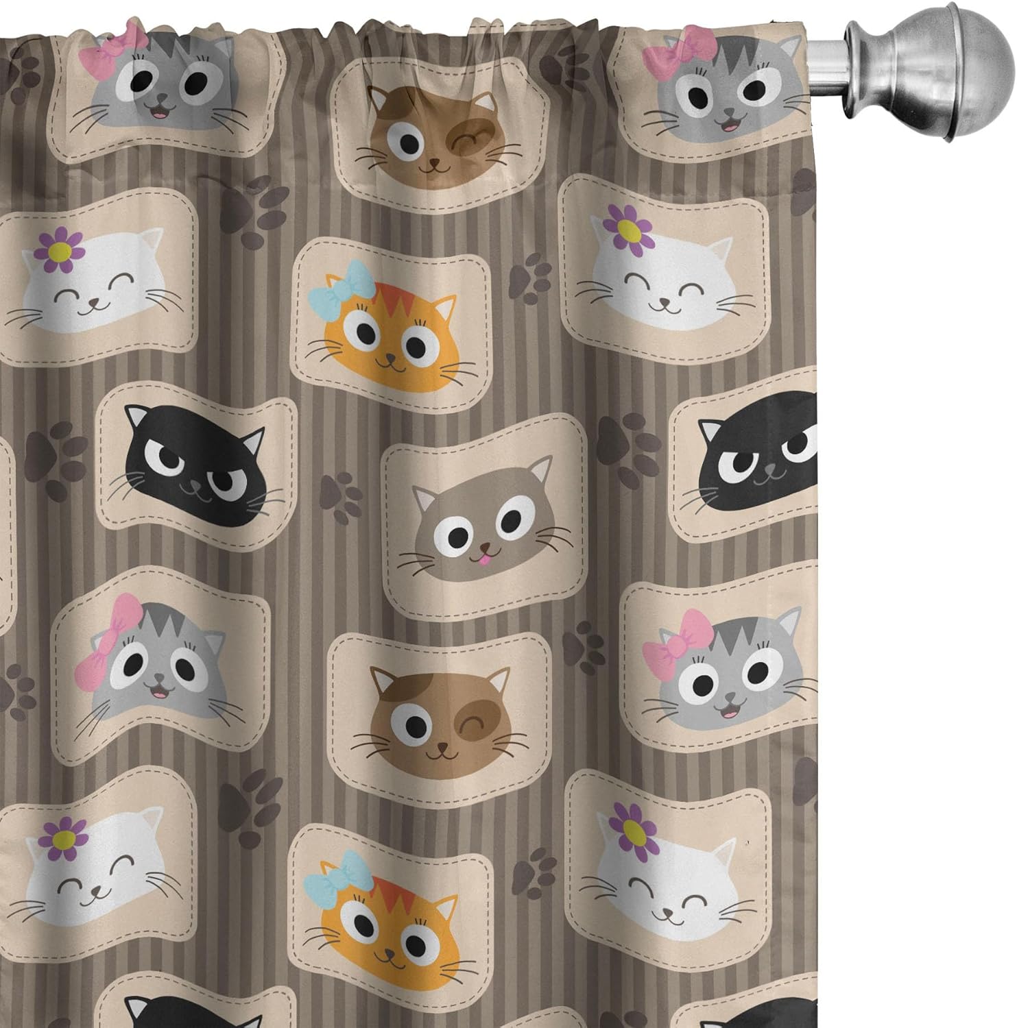 Ambesonne Cat Window Curtains, Patchwork Inspired Pattern Kitty Faces Silly Expressions Footprints Stripes, Lightweight Decor 2-Panel Set with Rod Pocket, Pair of - 28" x 95", Taupe Orange