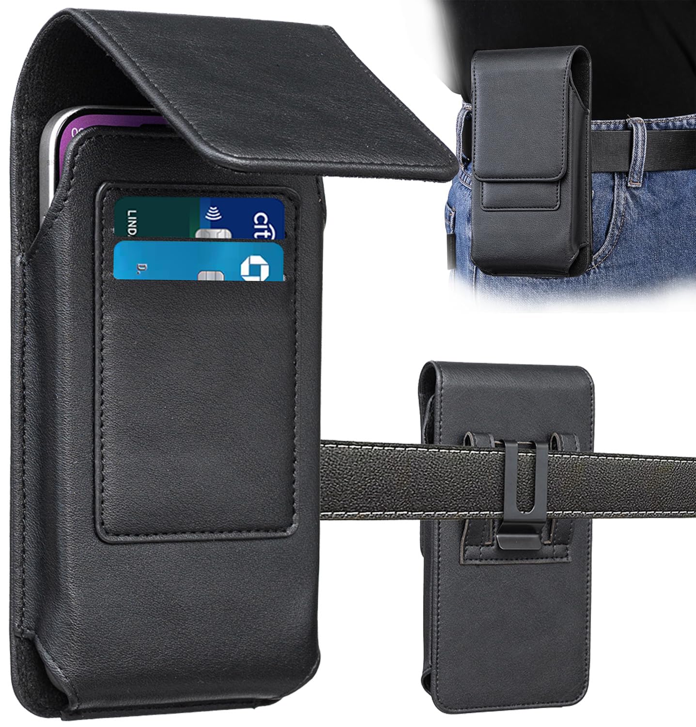 Miimall Étui de Ceinture en Cuir PU pour iPhone 17/16/15/14 Pro Max, Samsung Galaxy S26/S25/S24/S23 Ultra/Plus, [2 Emplacements pour Cartes][Fermeture Magnétique], Femme et Homme, Noir