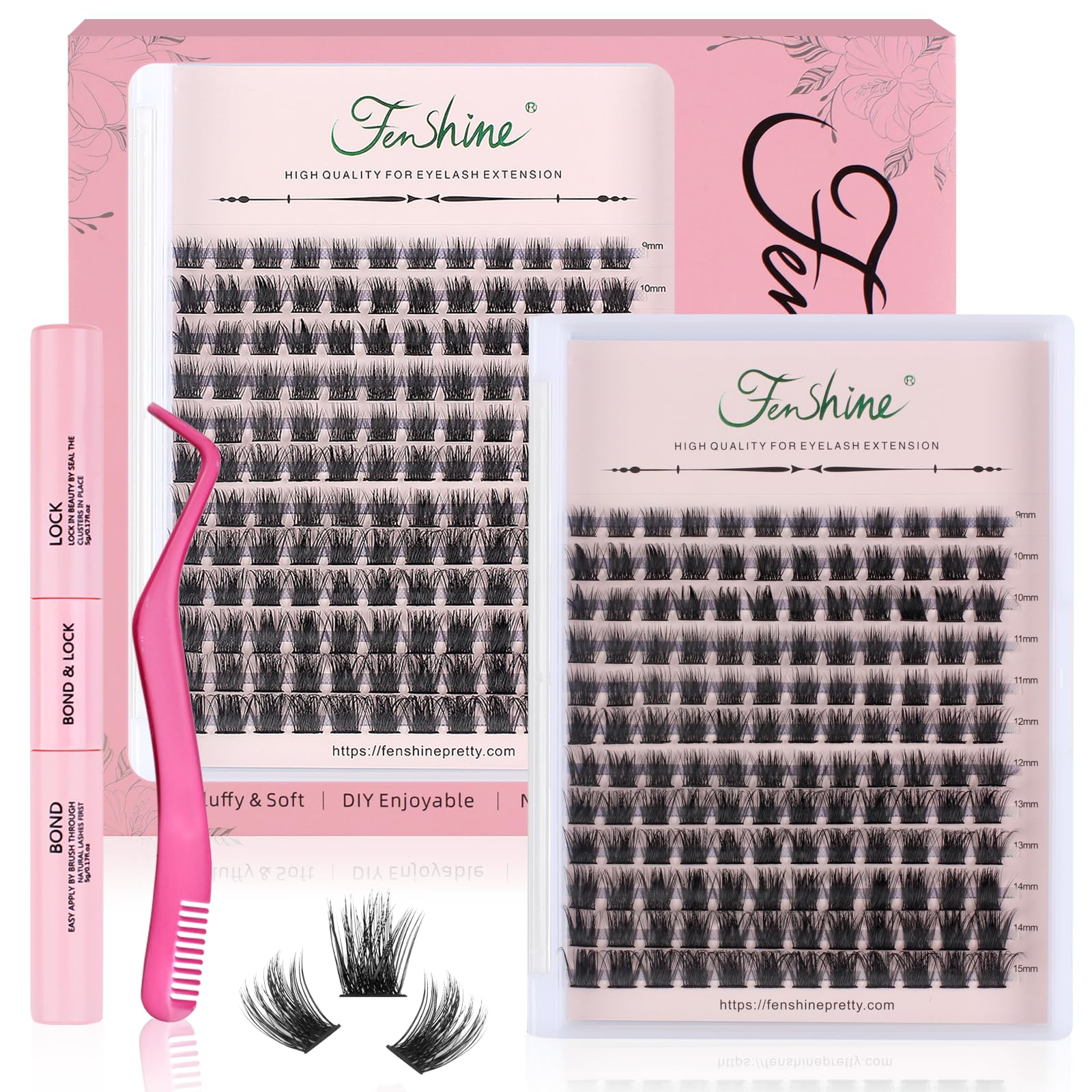 Fenshine Cluster Lashes Individual Lashes Wide Stem C/D Curl 9-15mm Length DIY Eyelash Extension Individual Soft False Lashes for Personal Use at Home (White Box