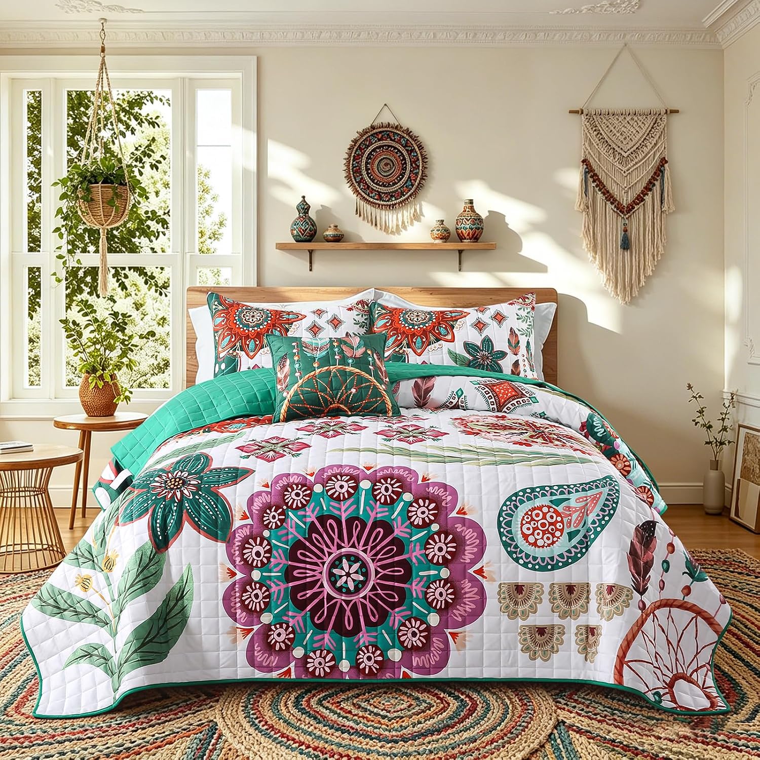 BEDIFANY Velvet Quilt Set King Size, 3 Pieces Boho Ethnic Style Quilt Bedding Set, Ultra-Soft Lightweight Velvet Quilted Bedspread for All Season, Vintage Textile Print Comforter Sets