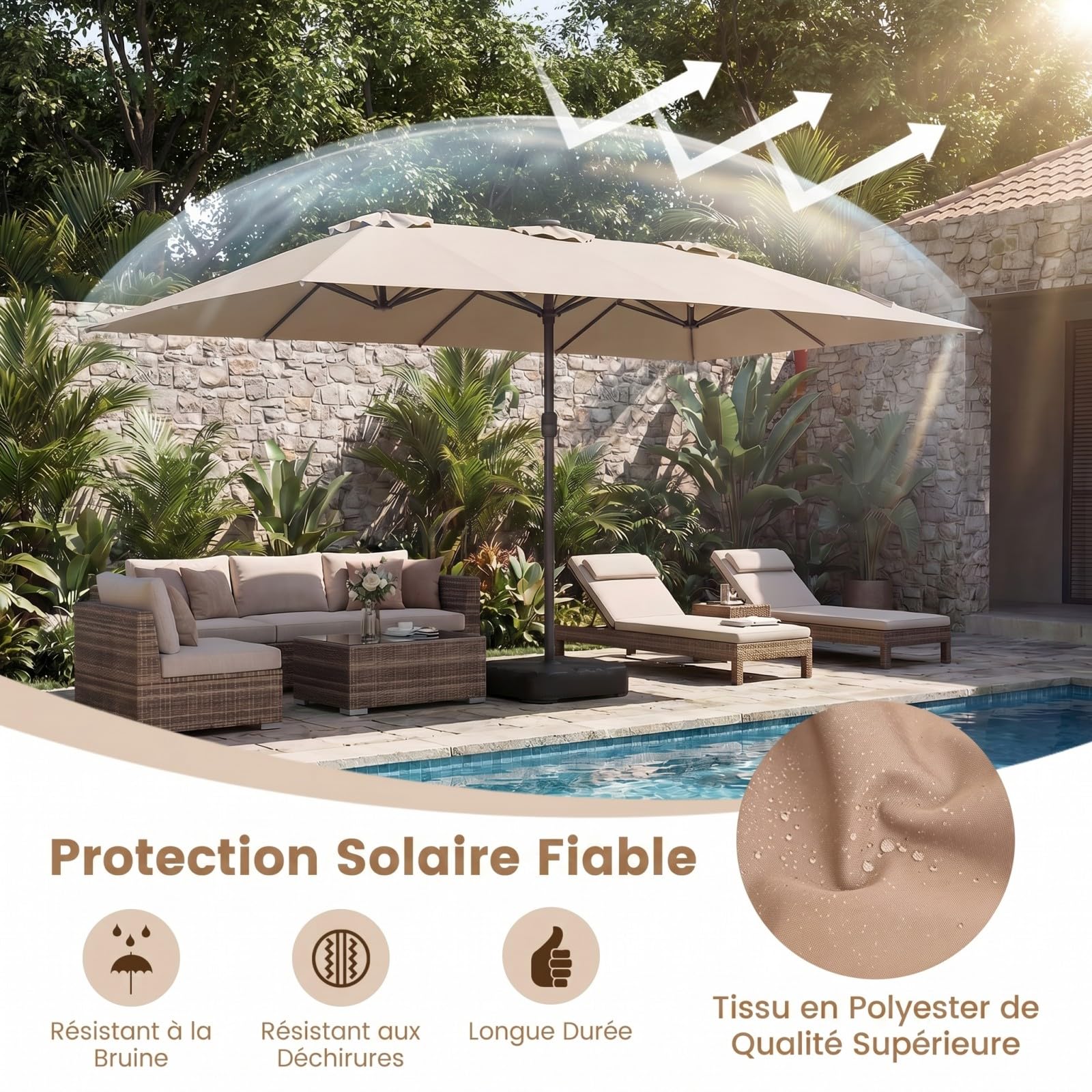 COSTWAY Parasol de Jardin Exterieur Double 4,6 x 2,85 M avec Base Lestée, Grand Parasol Rectangulaire avec 48 LED Solaires, Manivelle, Protection Solaire UV, pour Terrasse, Piscine, Gîte (Beige)