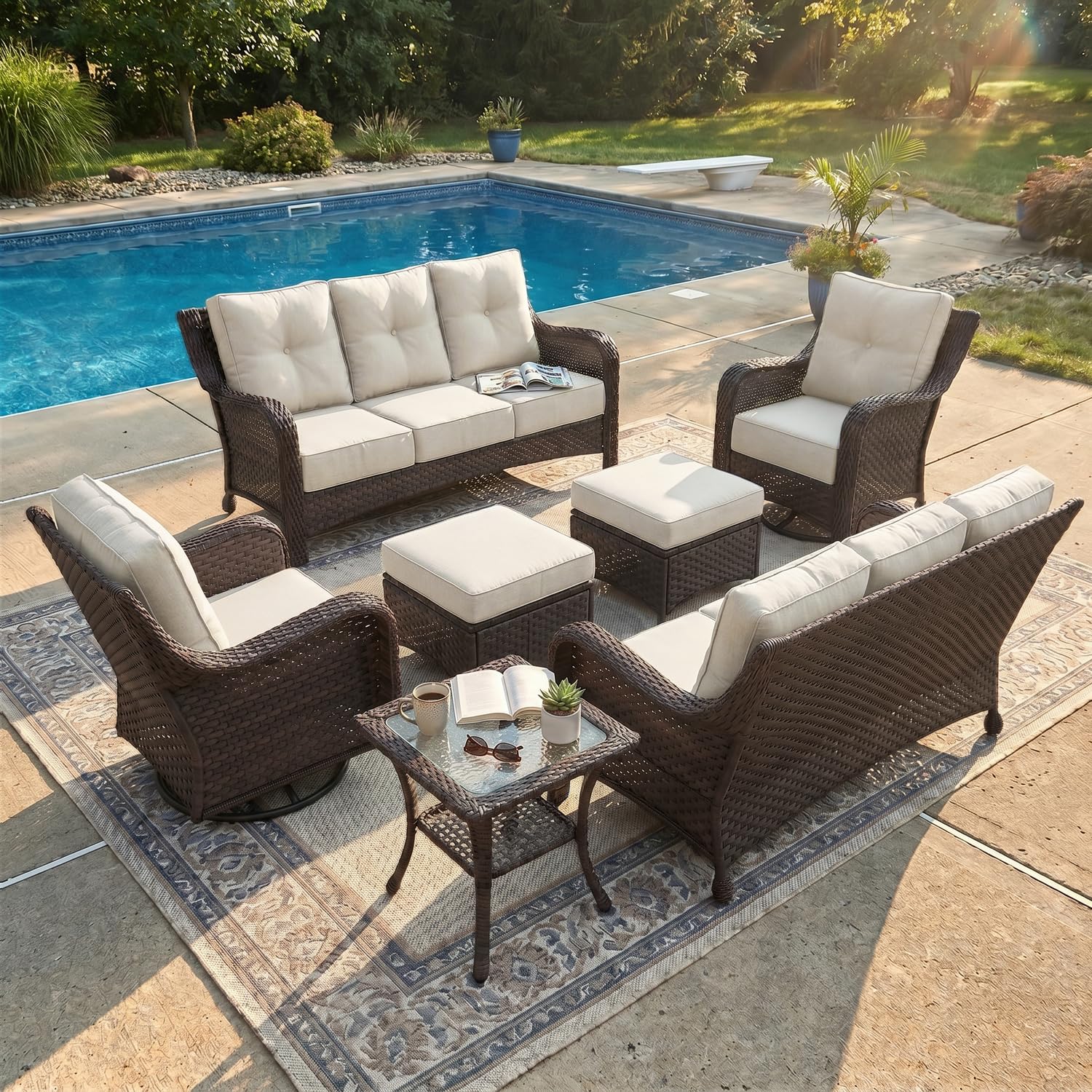 LayinSun 7 Piece Wicker Outdoor Furniture Set with 6-inch Comfy Cushions