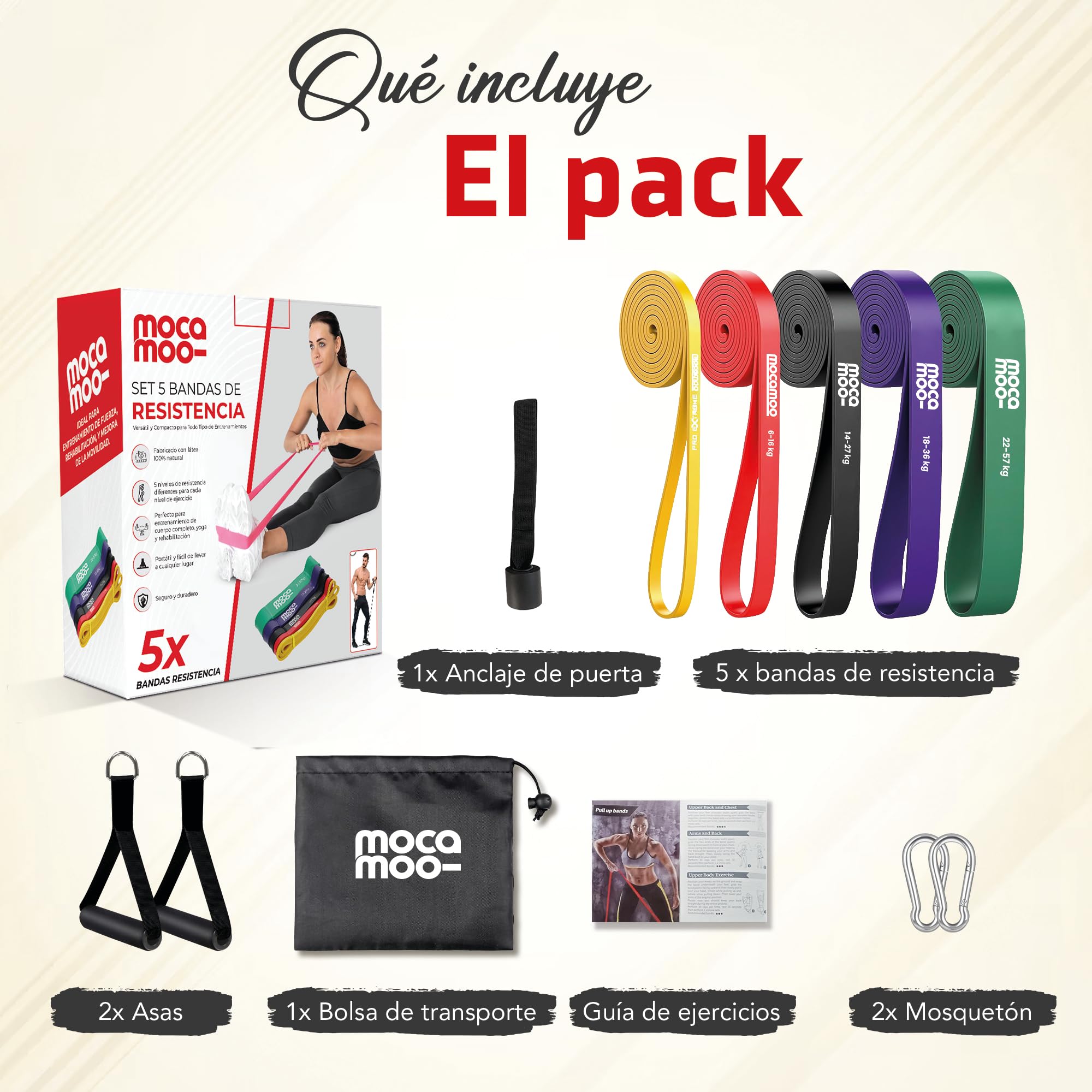 Bandas de Resistencia Musculación – Set 5 Bandas Elásticas Fitness para Piernas, Glúteos, Brazos, Abdomen. Ejercicios en Casa y Gimnasio con Accesorios