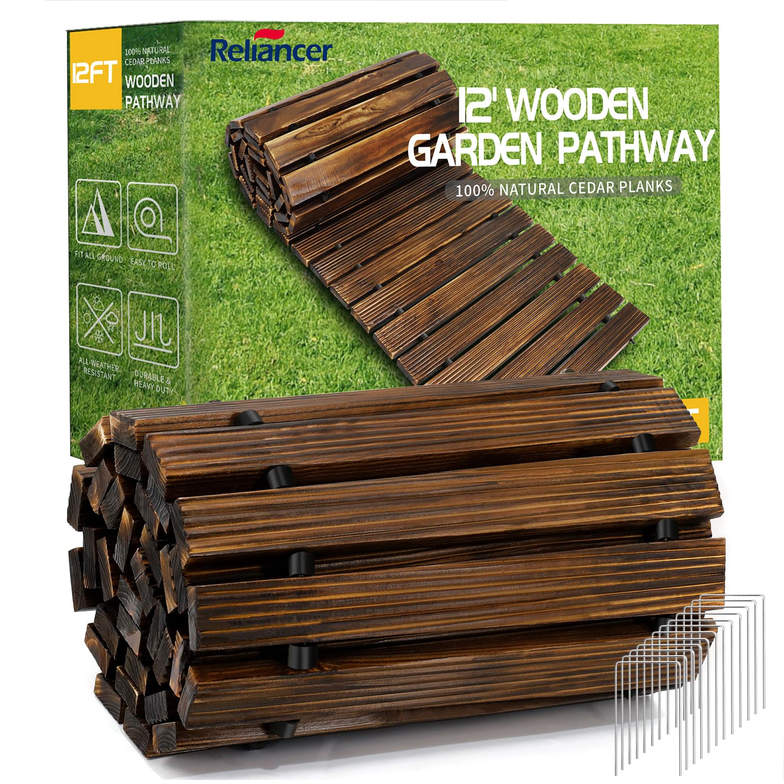 RELIANCER 12' Wooden Garden Pathway,Outdoor Roll Out Cedar Straight Walkway,Patio Path Decorative Garden Boardwalk Walkways,Weather-Resistant Roll Up Beach Wood Road Floor,Wedding Party Pathwaysc