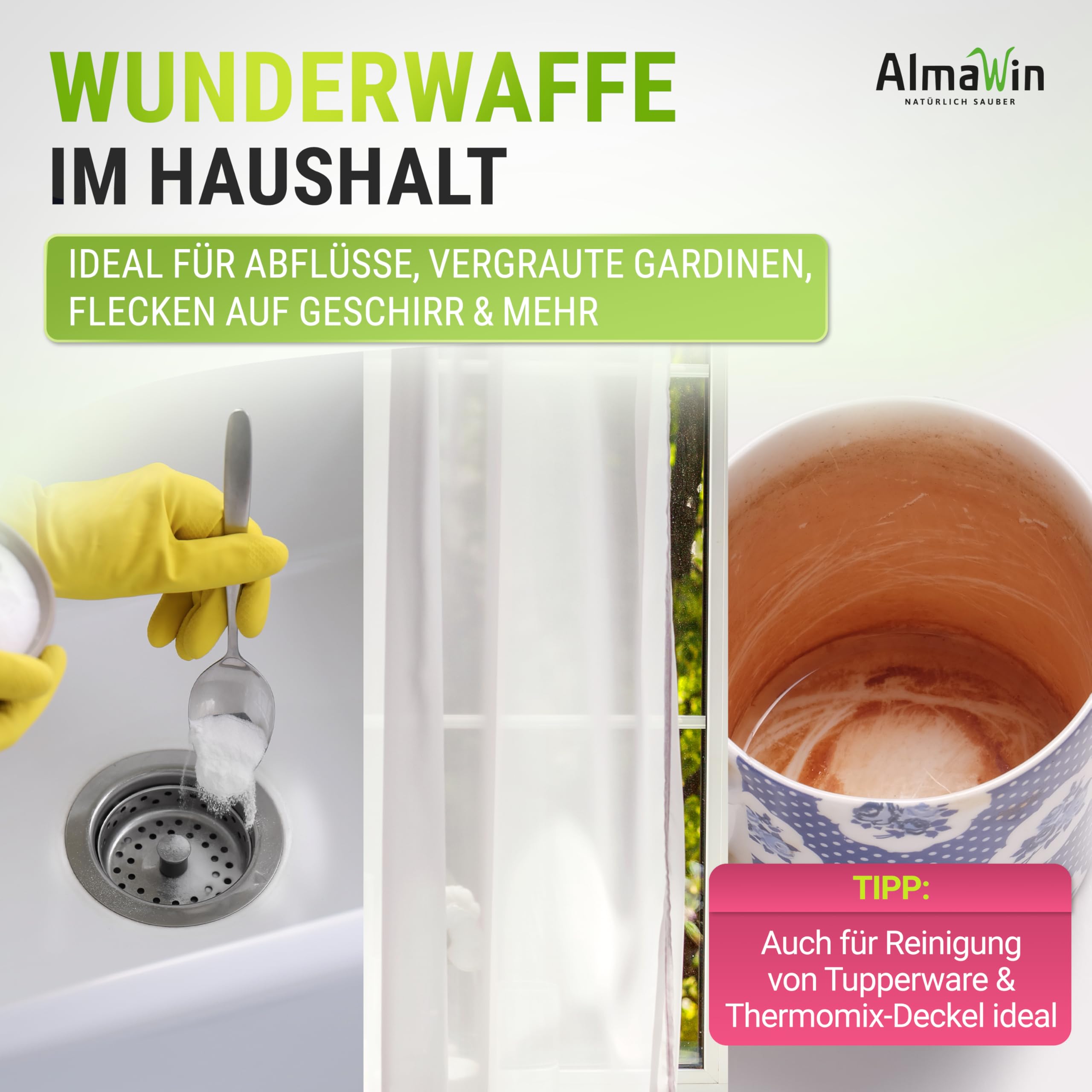 AlmaWin® Sauerstoffbleiche Pulver [6x 400g] für strahlend weiße Wäsche ab 30°C, gegen Gerüche & Verfärbungen - Aktivsauerstoff Bleichmittel für Abfluss, Spül- & Waschmaschine