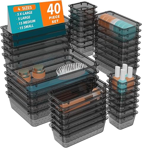 WOWBOX Juego de 40 organizadores de cajones de plástico transparente, 4 tamaños, organizador de cajones de escritorio y contenedores de