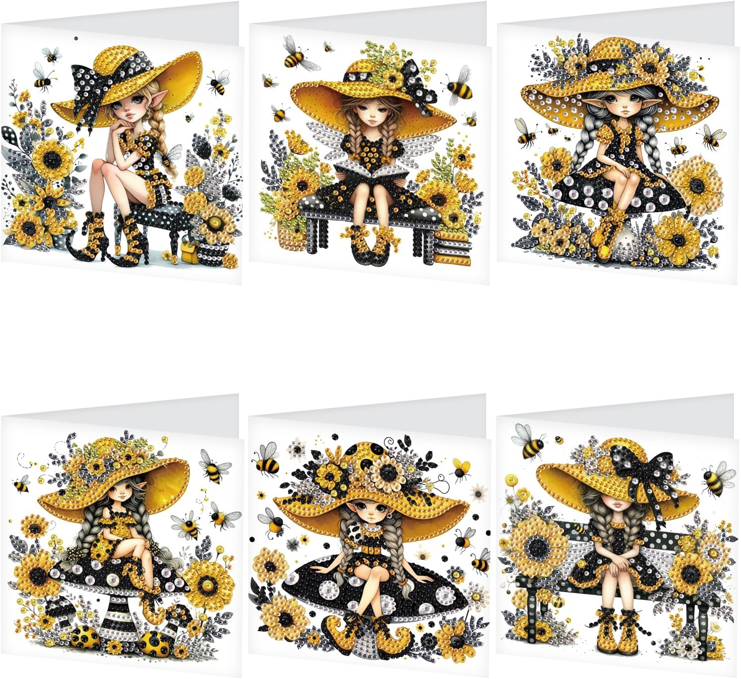JISHSHAY 6 Pack Diamond Painting Greeting Cards Bee Elves Fairies Diamond Painting Pictures Wedding Cards Craft Adult Card Thank You Mosaic Craft Set Adult Birthday Cards with Envelope