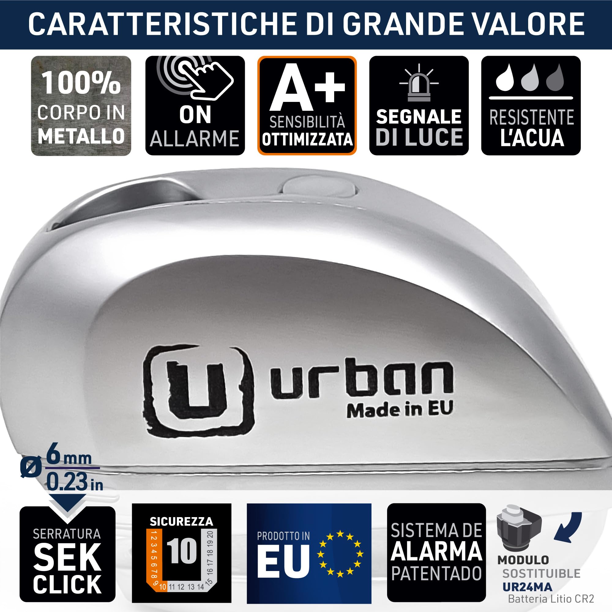 URBAN UR22 Bloccadisco Moto Allarme 120dB Pulsante ON, Warning Sonoro + LED, Batteria Litio, Impermeabile, Supporto Opzionale, Serratura Sicurezza Click ø6mm, Lucchetto Antifurto Blocca Disco per Moto