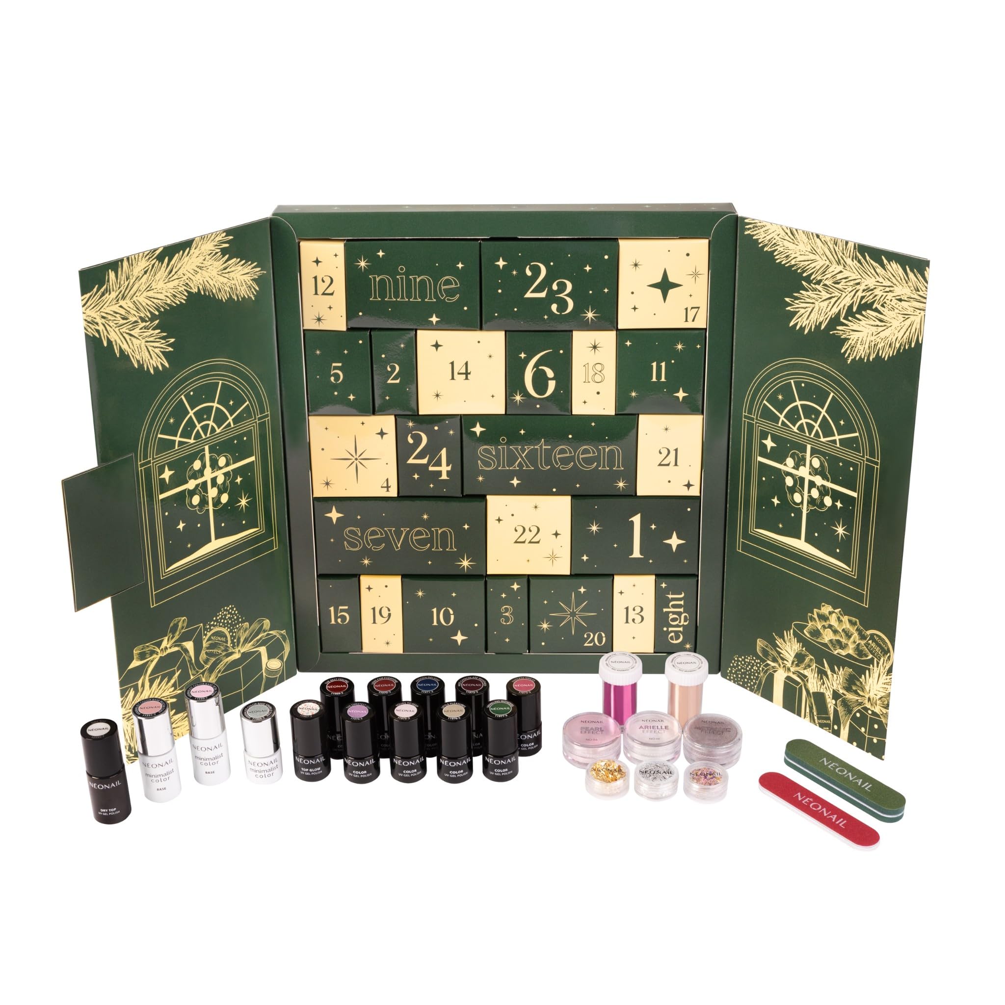 NÉONAIL Zestaw świąteczny - Beauty Feels Like Home - Kalendarz Adwentowy 2025 - Lakiery Hybrydowe, Bazy, Topy, Pyłki, Folie Transferowe, Akcesoria - Manicure - 24 Niespodzianki