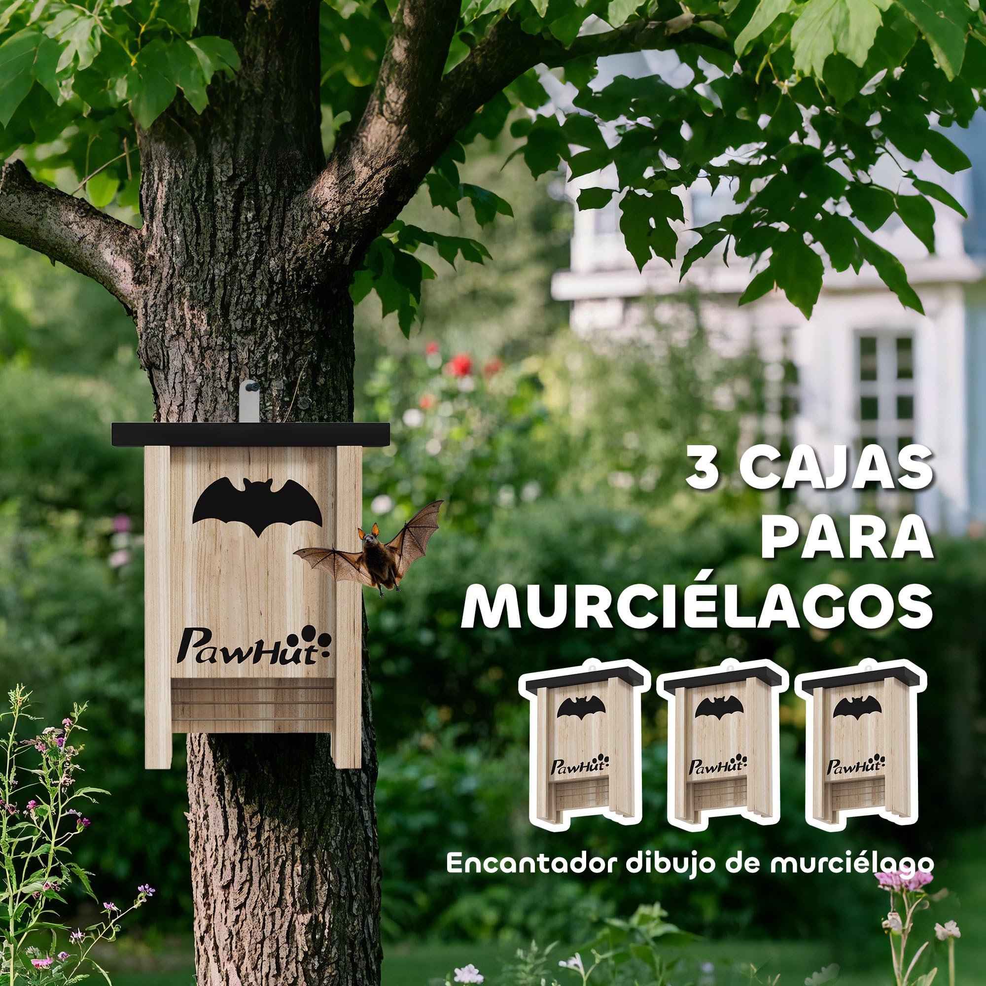 PawHut Pack de 3 Casas para Murciélagos de Madera Maciza, Cajas para Murciélagos, Resistente a la Intemperie, para Exterior, Jardín, Huerto o Granja, con Plataforma de Aterrizaje, Fácil de Colgar