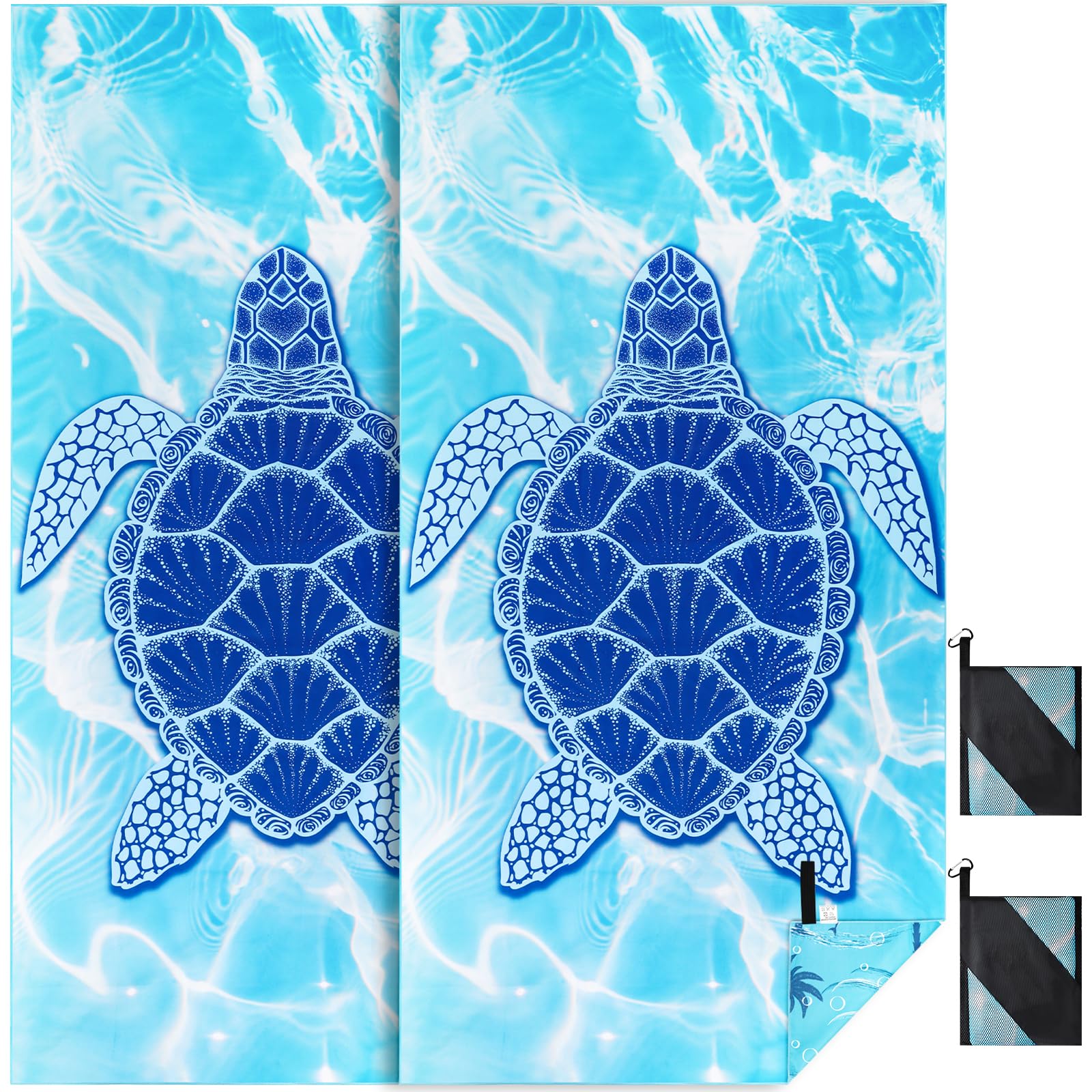 KUOGAS Toalla Playa XXL Juego de 2-90 X 180 cm, Toalla Grande de Microfibra de Secado RáPido, Toalla de BañO Sin Arena, Manta de Playa para Mujer (Tortuga Azul X 2)