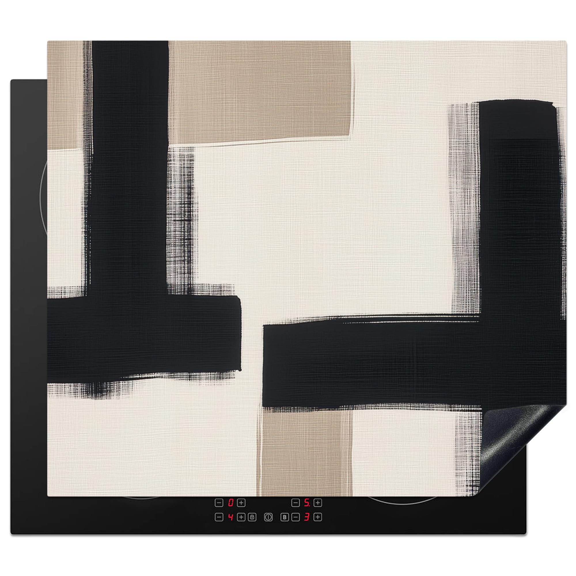 KitchenYeah© Induction Hob Protector Mat 20.2"x22.9" / 58.3x51.3 cm Stove Cap Top Cover Kitchen Cooker Covers for Electric Hobs Vinyl Black - Abstract - Japandi