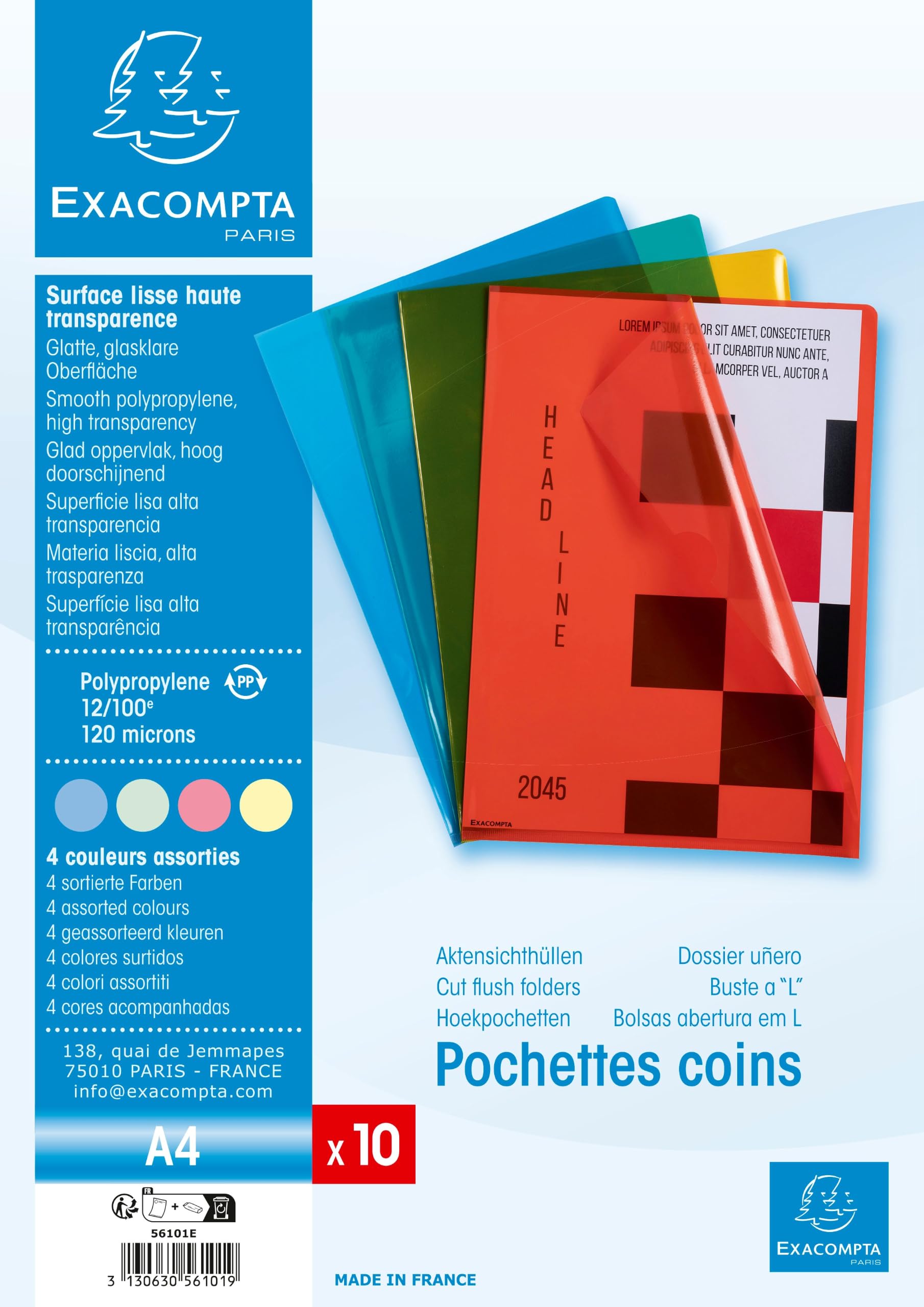 Exacompta 100 buste a L A4 PP liscio 12/100 mm 4 colori