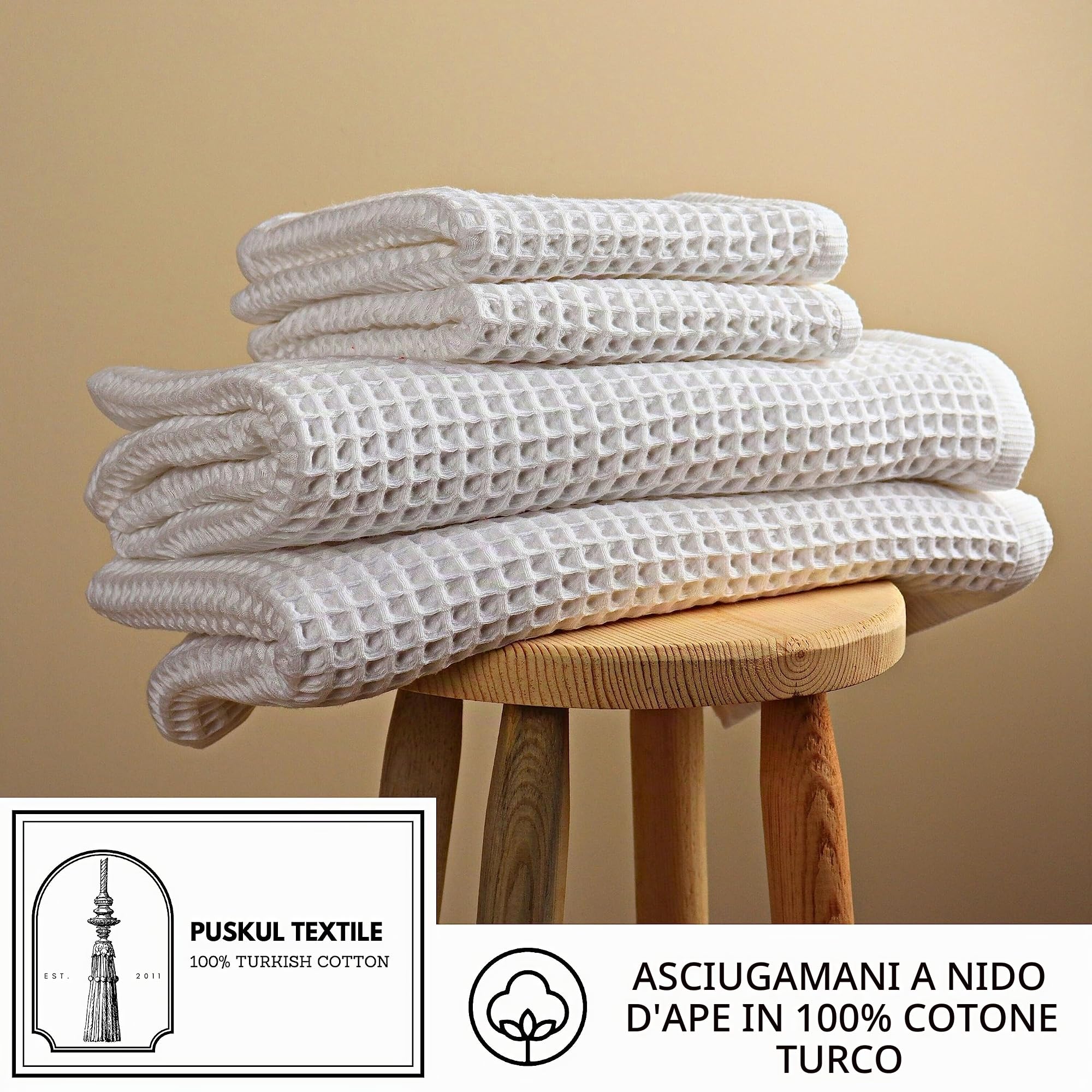 Püskül - Set di 6 asciugamani per mani e viso in tessuto a nido d'ape, 100% cotone turco, per pelli sensibili, 40 x 81 cm (naturale, beige, 6)