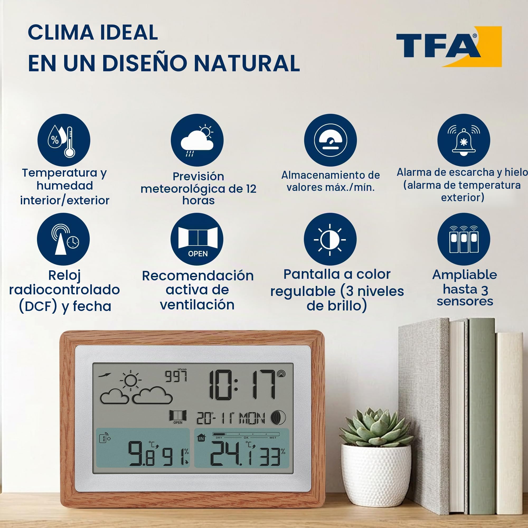 TFA Dostmann Oak 35.1167.54 - Estación meteorológica inalámbrica con sensor exterior y marco de madera, temperatura interior y exterior, ventilación recomendada, intensidad variable, reloj despertador