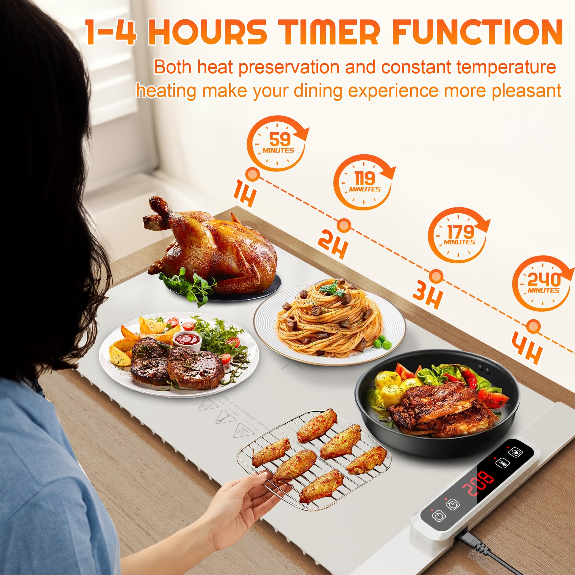 Warmhalteplatte für Essen, Schnellheiztablett, Tragbare Lebensmittelheizung, Mit Kinderschloss und Automatischem Abschalten, 5 Einstellbarer Temperatur Food Warmer für Backen Reisen Buffet Partys
