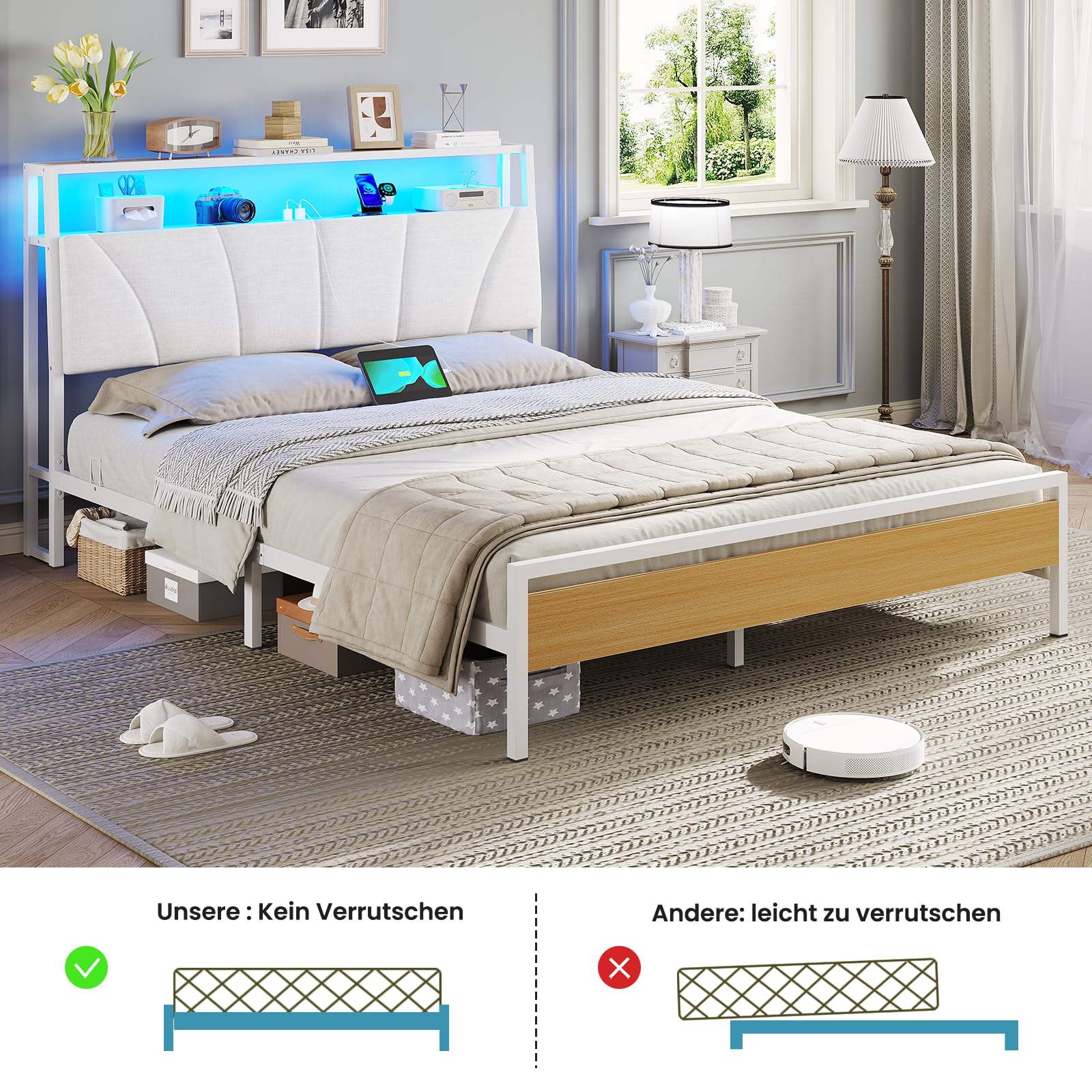 Brinlawb Bett 140x200 mit Lattenrost aus Metall, Bettgestell 140x200cm mit LED Beleuchtung Metallbett 140x200 mit Kopfteil & Ladestation(2 AC-Steckdosen& 2 USB-Anschlüsse) Jugendbett Doppelbett, Weiß
