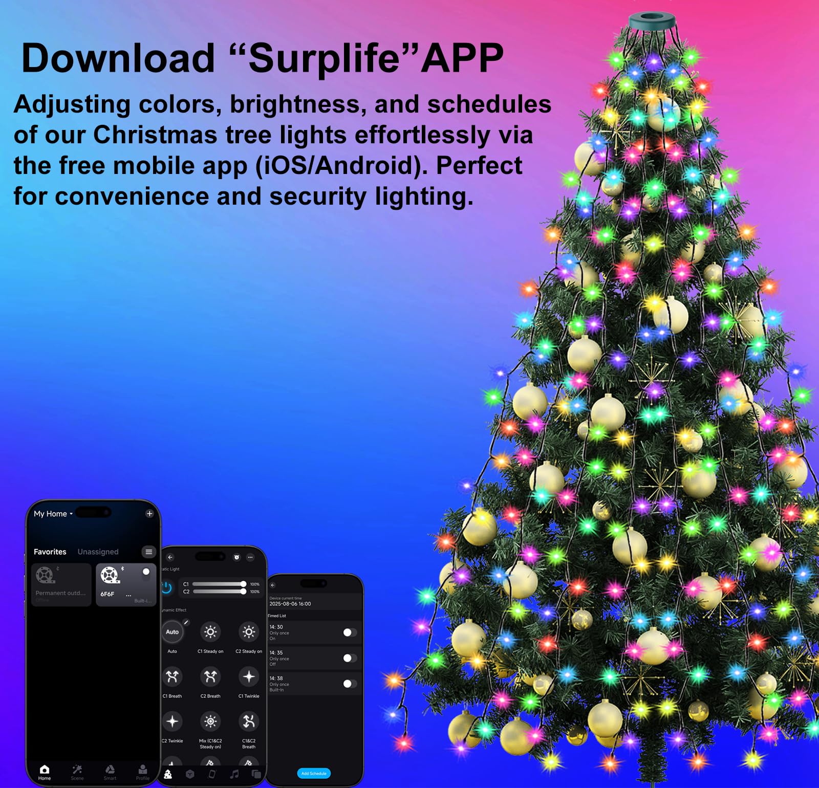 Luci per albero di Natale da 2 m con anello, telecomando e controllo tramite app, catena da 400 LED con 8 modalità, illuminazione per decorazioni natalizie