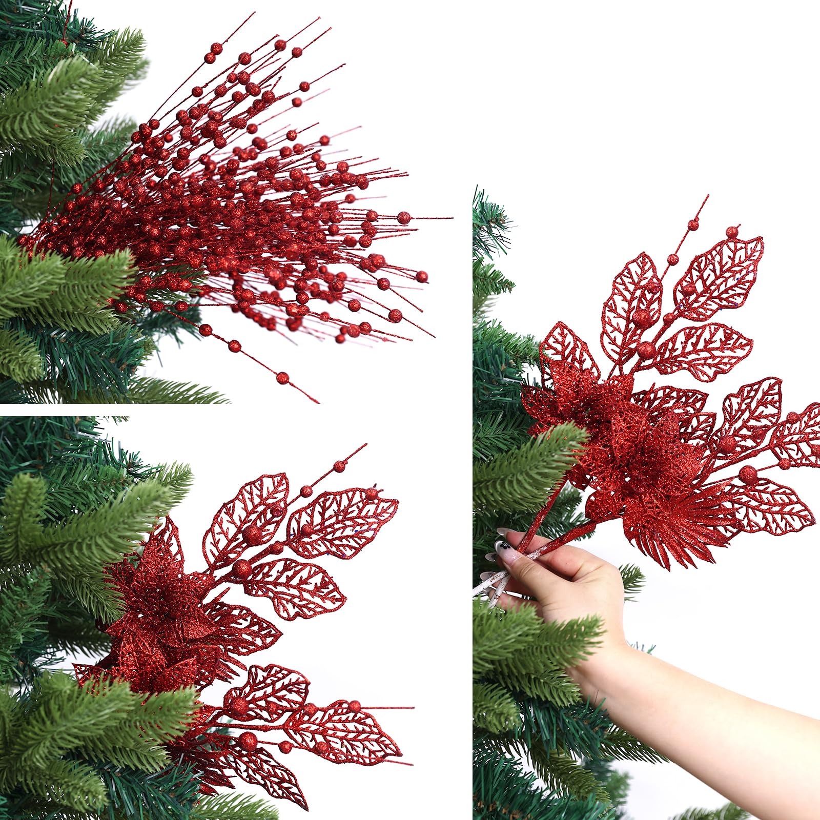 Paquete de 24 adornos para árbol de Navidad, flores artificiales con purpurina, tallos de bayas de Navidad, ramas para decoración de árbol de Navidad, relleno de jarrón, vacaciones, boda, fiesta,
