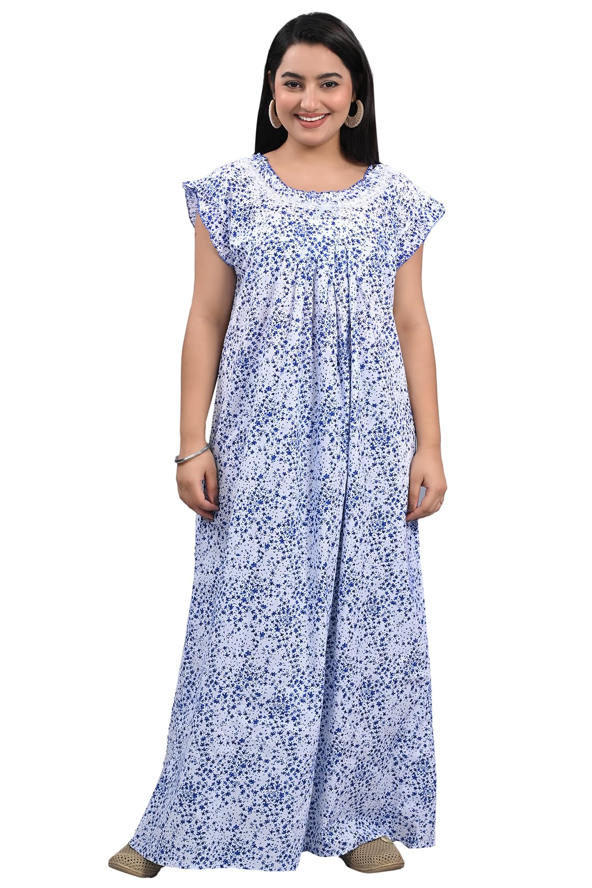 Woman Cotton Printed Nighty Sleeveless White Baseed|Nightgown and Nighwear| Ladies Maxi-image-40